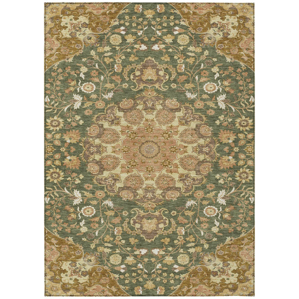 9' X 12' Olive Green And Green Damask Washable Indoor Outdoor Area Rug Homeroots Outdoor