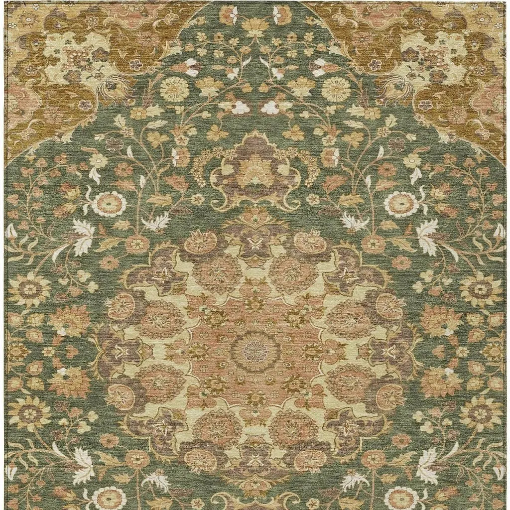 9' X 12' Olive Green And Green Damask Washable Indoor Outdoor Area Rug Homeroots Outdoor