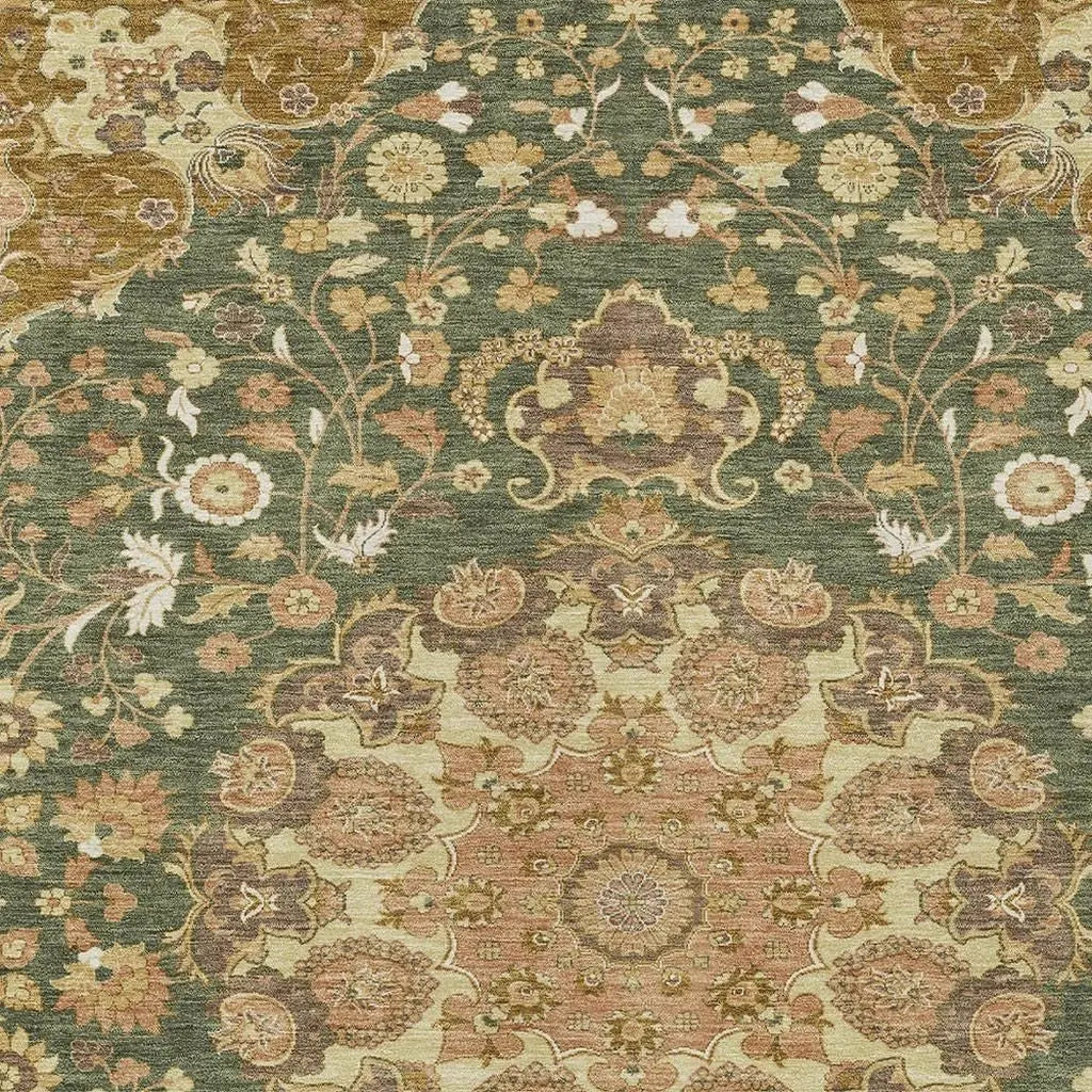 9' X 12' Olive Green And Green Damask Washable Indoor Outdoor Area Rug Homeroots Outdoor