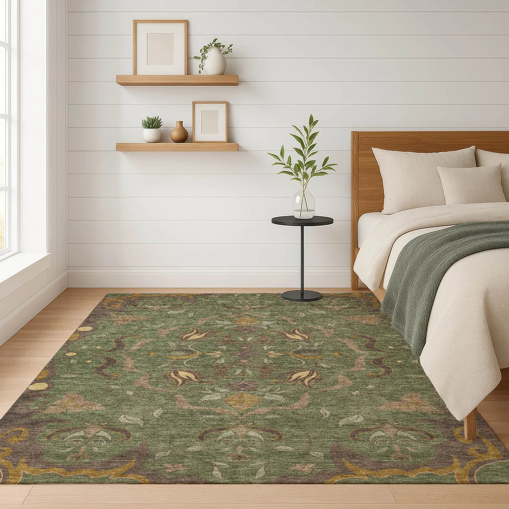 9' X 12' Olive Green And Green Damask Washable Indoor Outdoor Area Rug Homeroots Outdoor