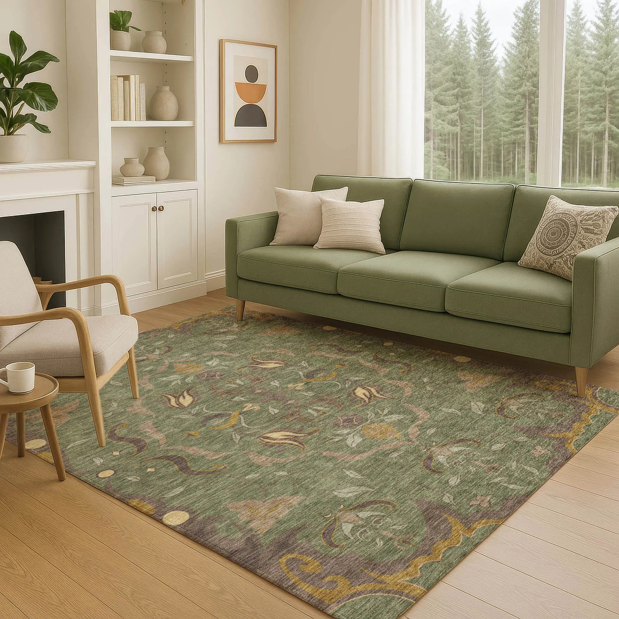 9' X 12' Olive Green And Green Damask Washable Indoor Outdoor Area Rug Homeroots Outdoor