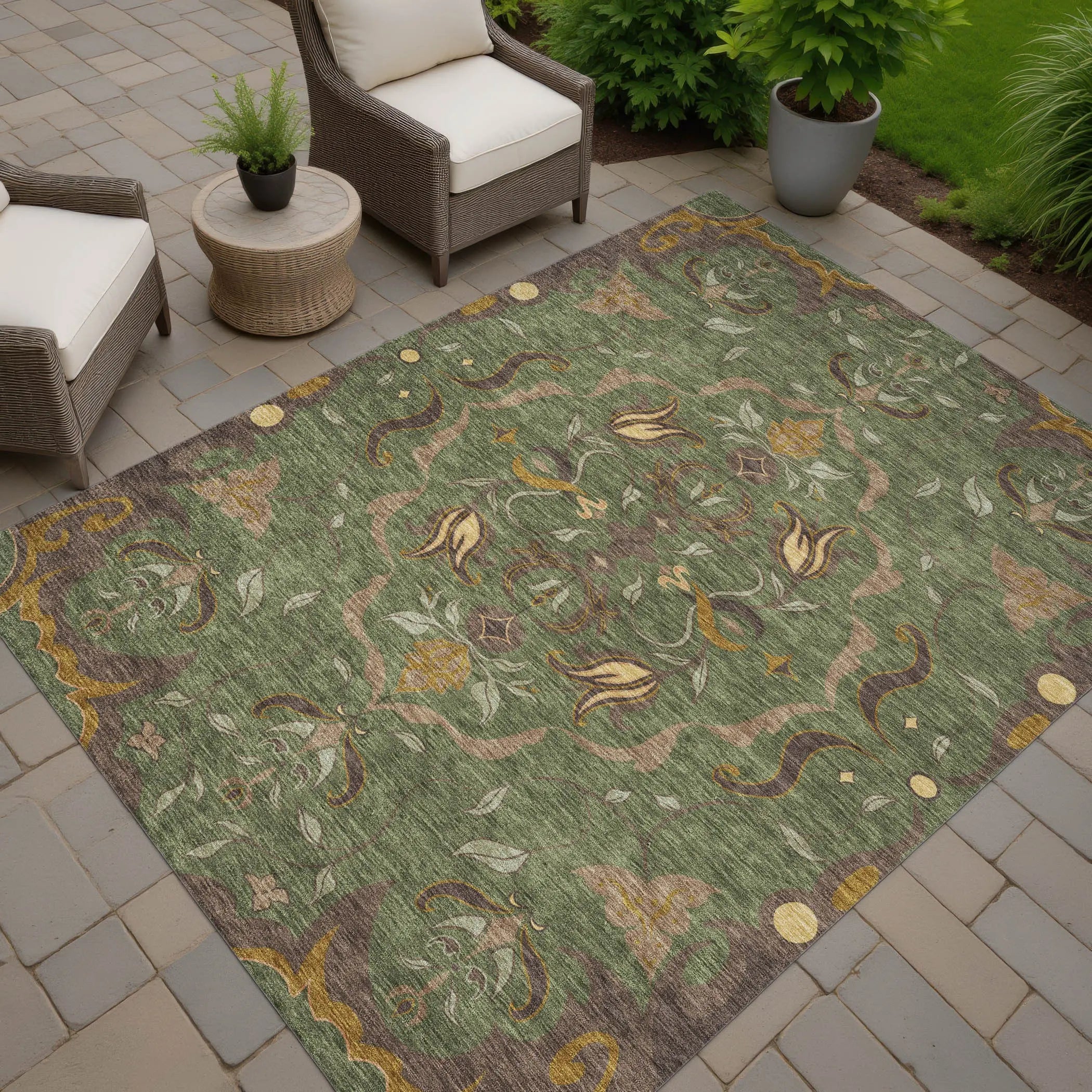 9' X 12' Olive Green And Green Damask Washable Indoor Outdoor Area Rug Homeroots Outdoor
