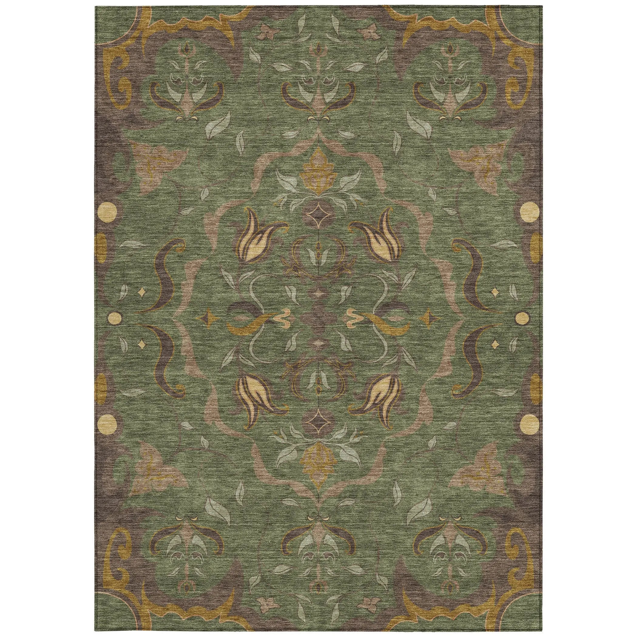 9' X 12' Olive Green And Green Damask Washable Indoor Outdoor Area Rug Homeroots Outdoor