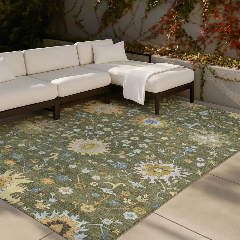 9' X 12' Olive Green And Green Faux Bois Washable Indoor Outdoor Area Rug Homeroots Outdoor