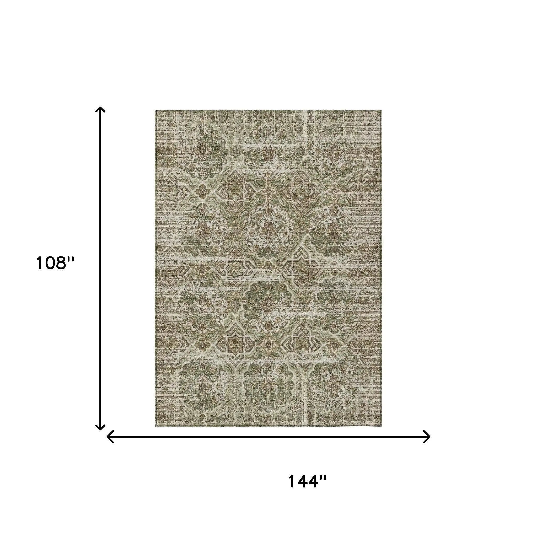 9' X 12' Olive Green And Green Floral Washable Indoor Outdoor Area Rug Homeroots Outdoor