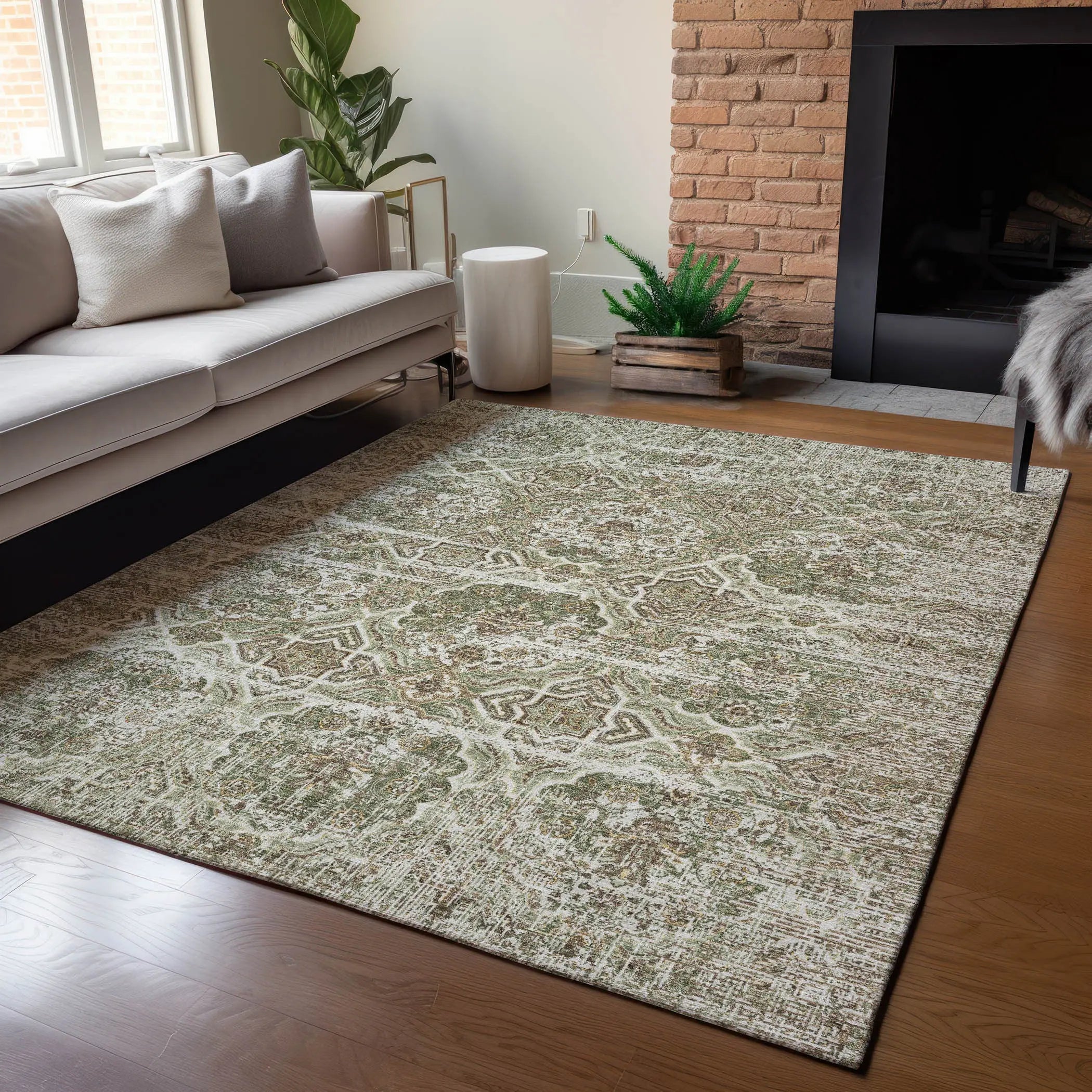 9' X 12' Olive Green And Green Floral Washable Indoor Outdoor Area Rug Homeroots Outdoor