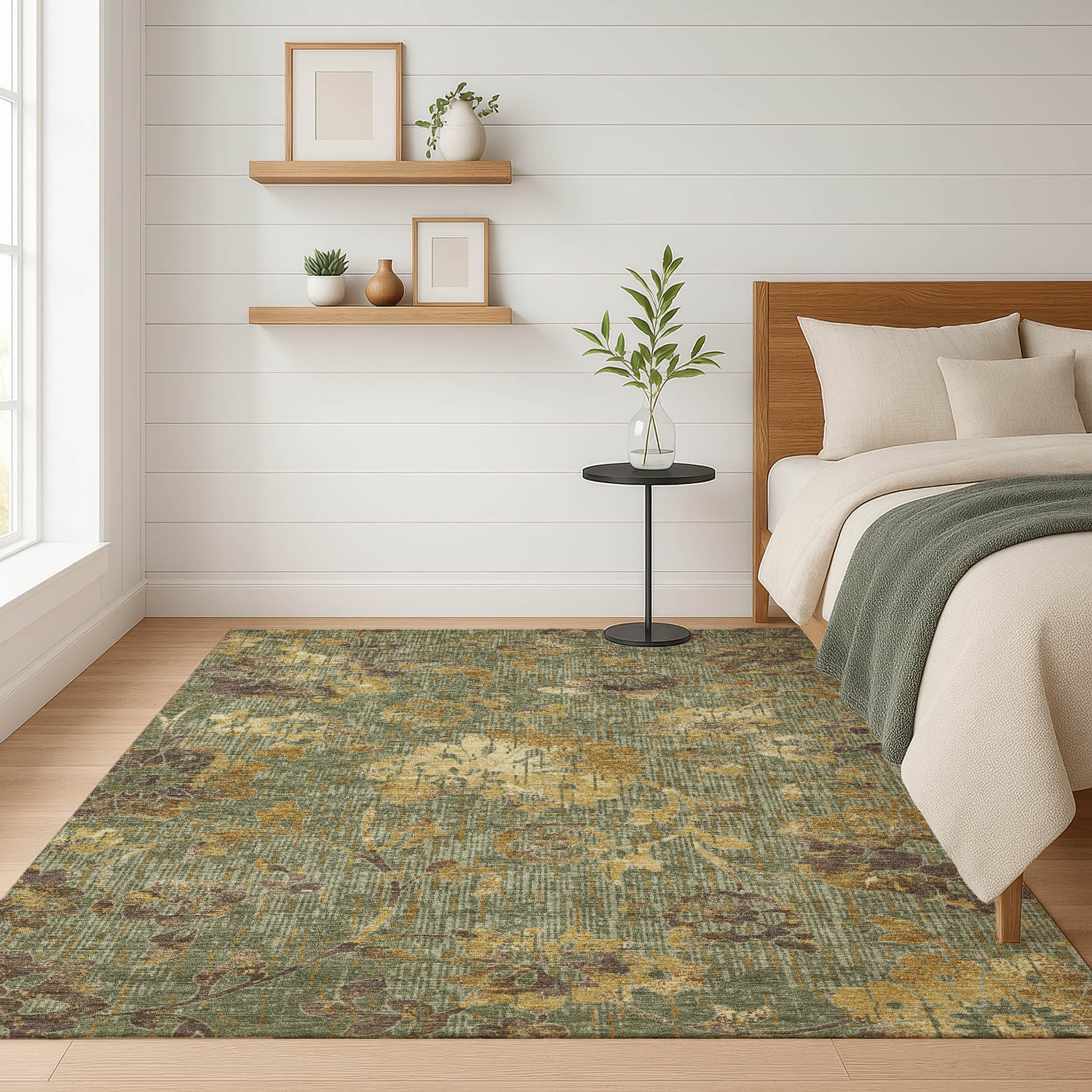 9' X 12' Olive Green And Green Floral Washable Indoor Outdoor Area Rug Homeroots Outdoor