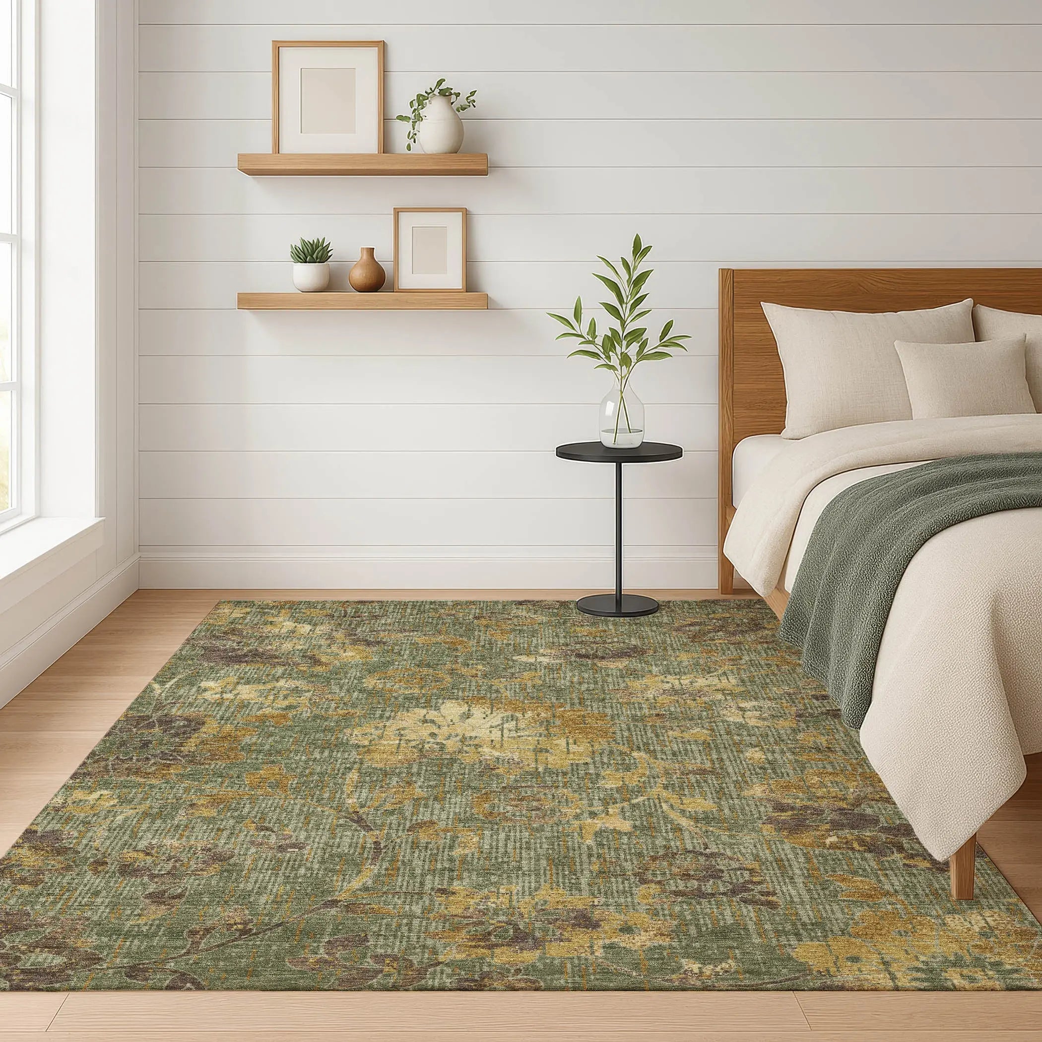 9' X 12' Olive Green And Green Floral Washable Indoor Outdoor Area Rug Homeroots Outdoor