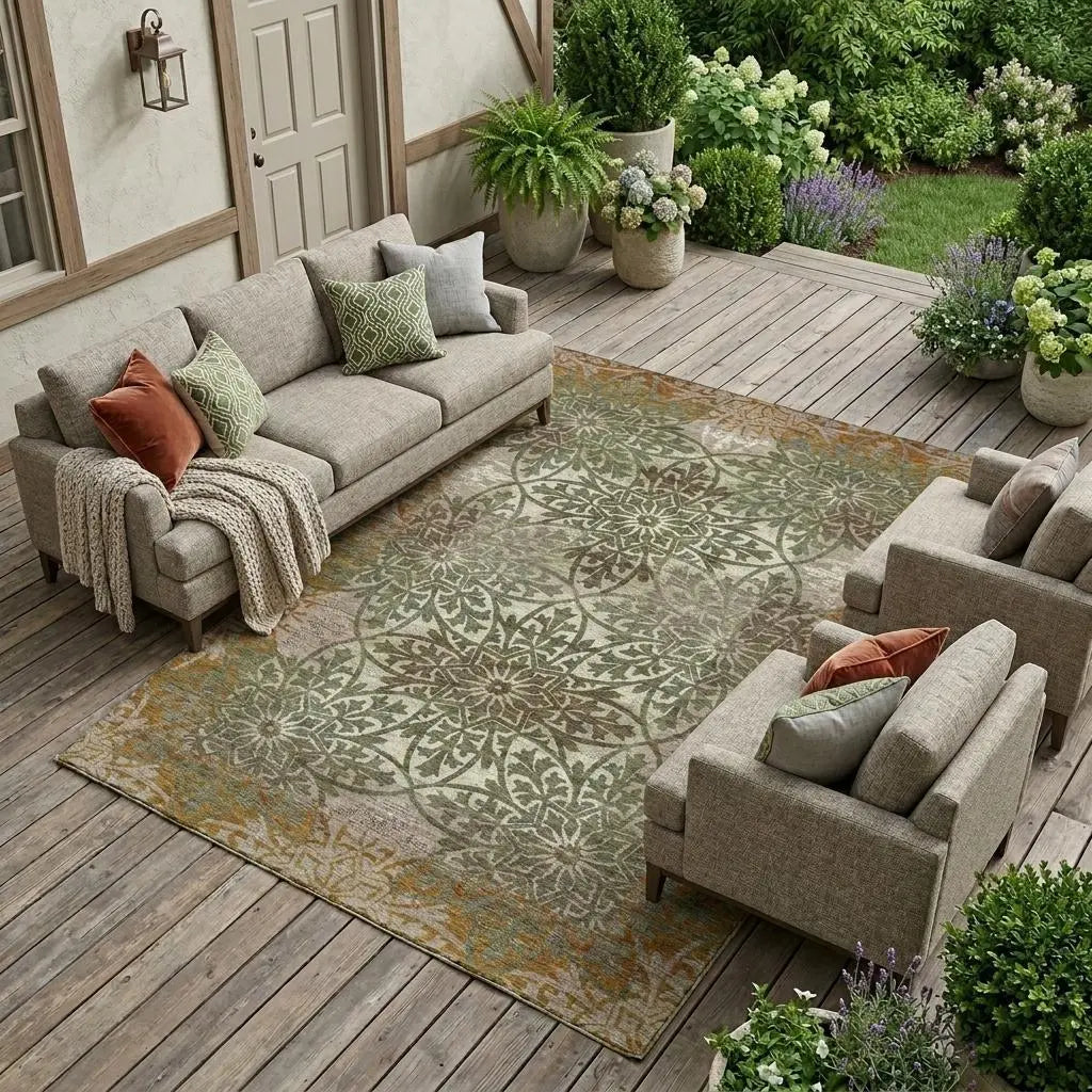 9' X 12' Olive Green And Green Oriental Washable Indoor Outdoor Area Rug Homeroots Outdoor