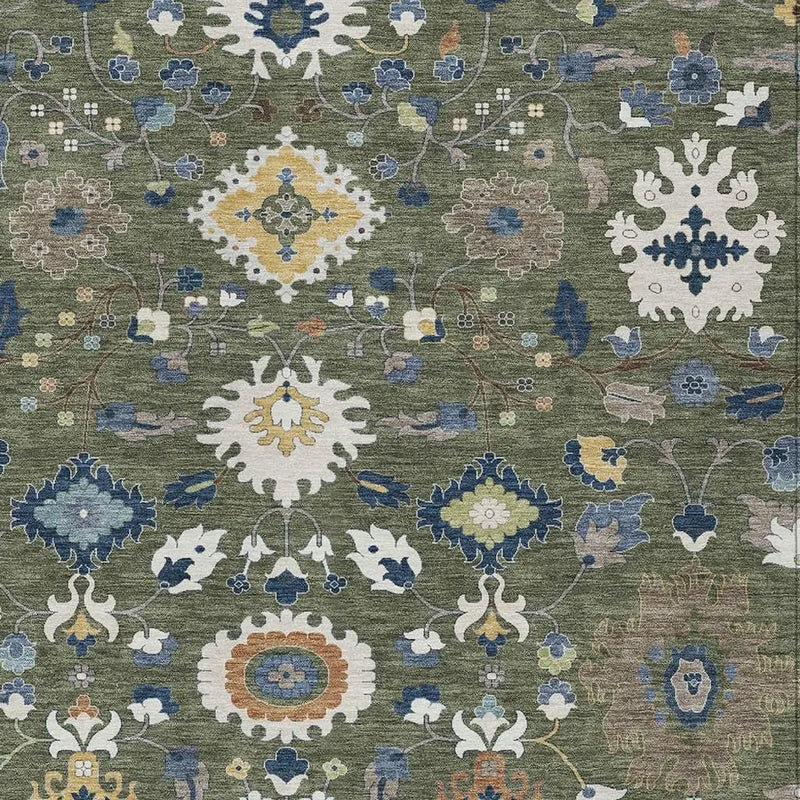 9' X 12' Olive Green And Ivory Floral Medallion Washable Indoor Outdoor Area Rug Homeroots Outdoor