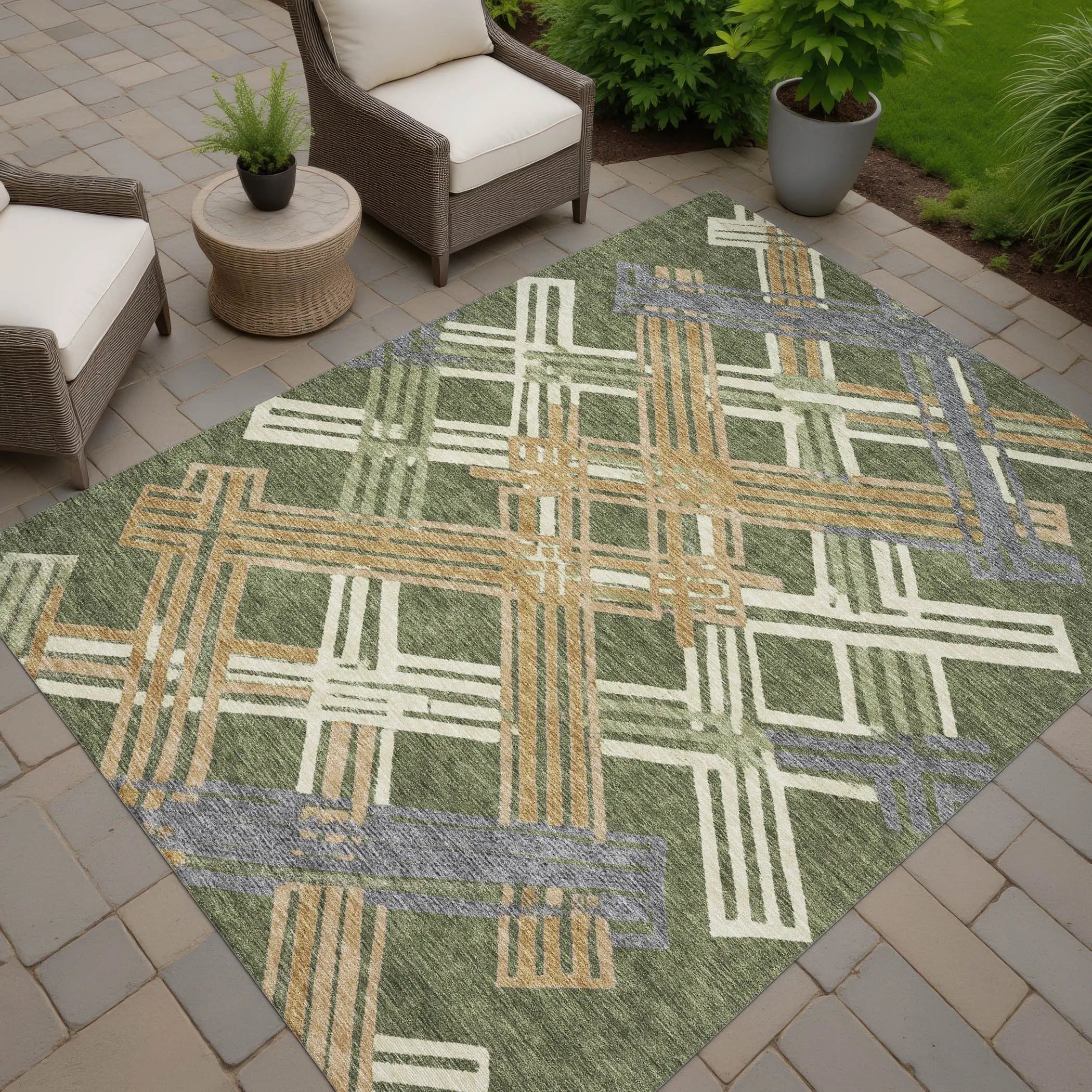 9' X 12' Olive Green And Ivory Geometric Washable Indoor Outdoor Area Rug Homeroots Outdoor