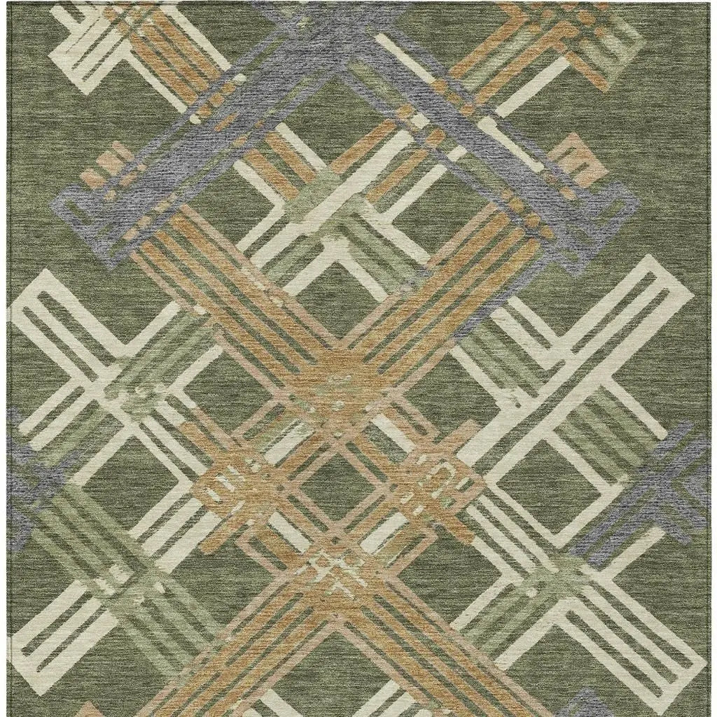 9' X 12' Olive Green And Ivory Geometric Washable Indoor Outdoor Area Rug Homeroots Outdoor