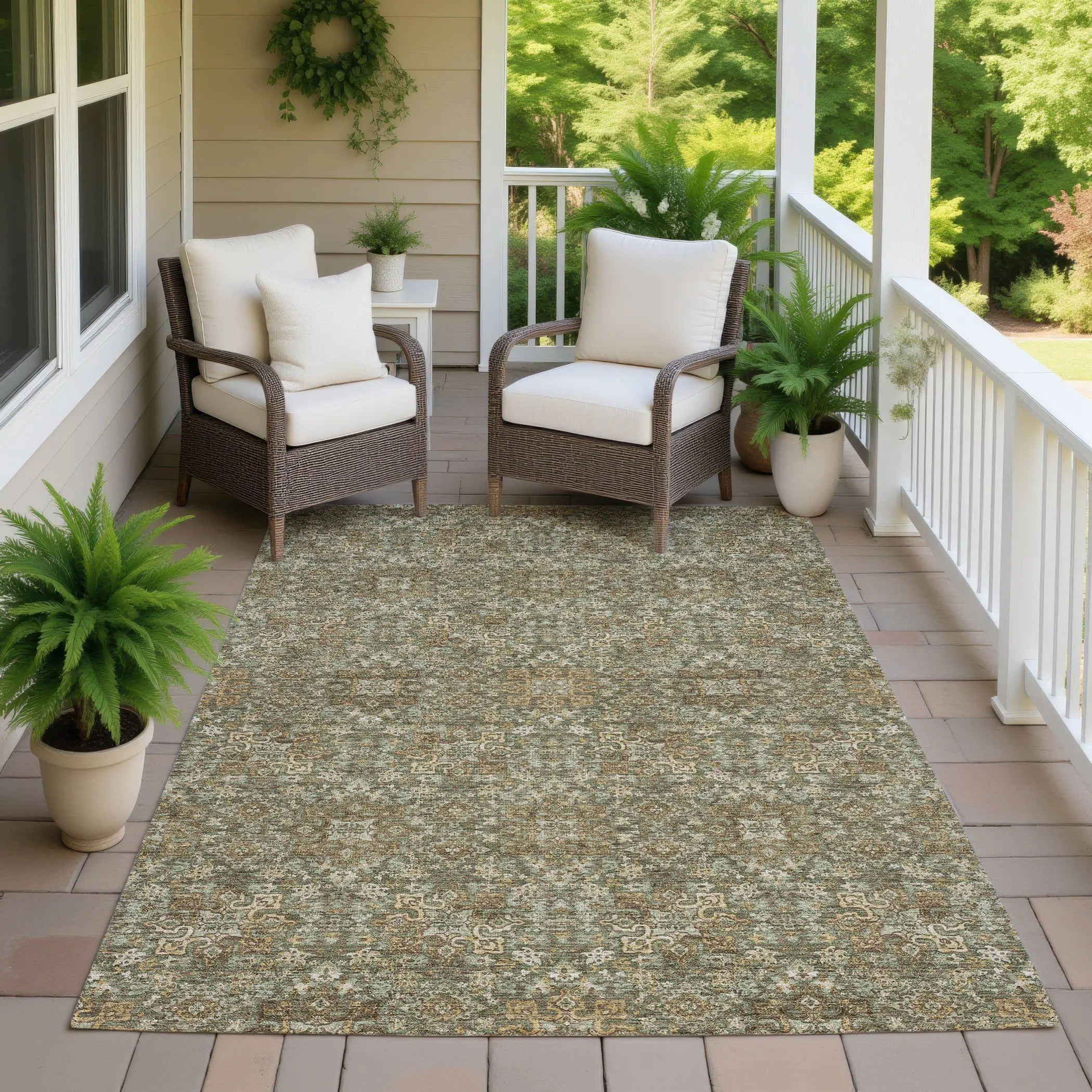 9' X 12' Olive Green And Ivory Oriental Washable Indoor Outdoor Area Rug Homeroots Outdoor