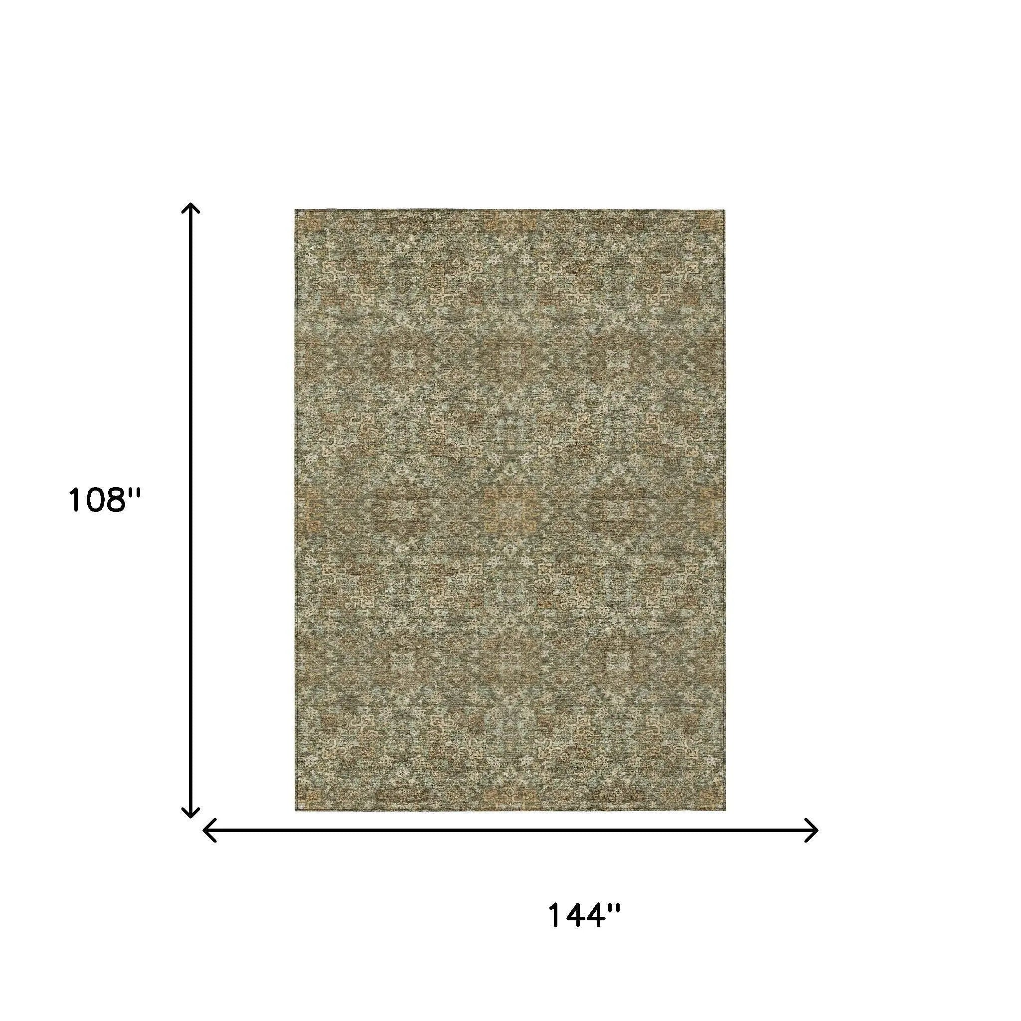 9' X 12' Olive Green And Ivory Oriental Washable Indoor Outdoor Area Rug Homeroots Outdoor