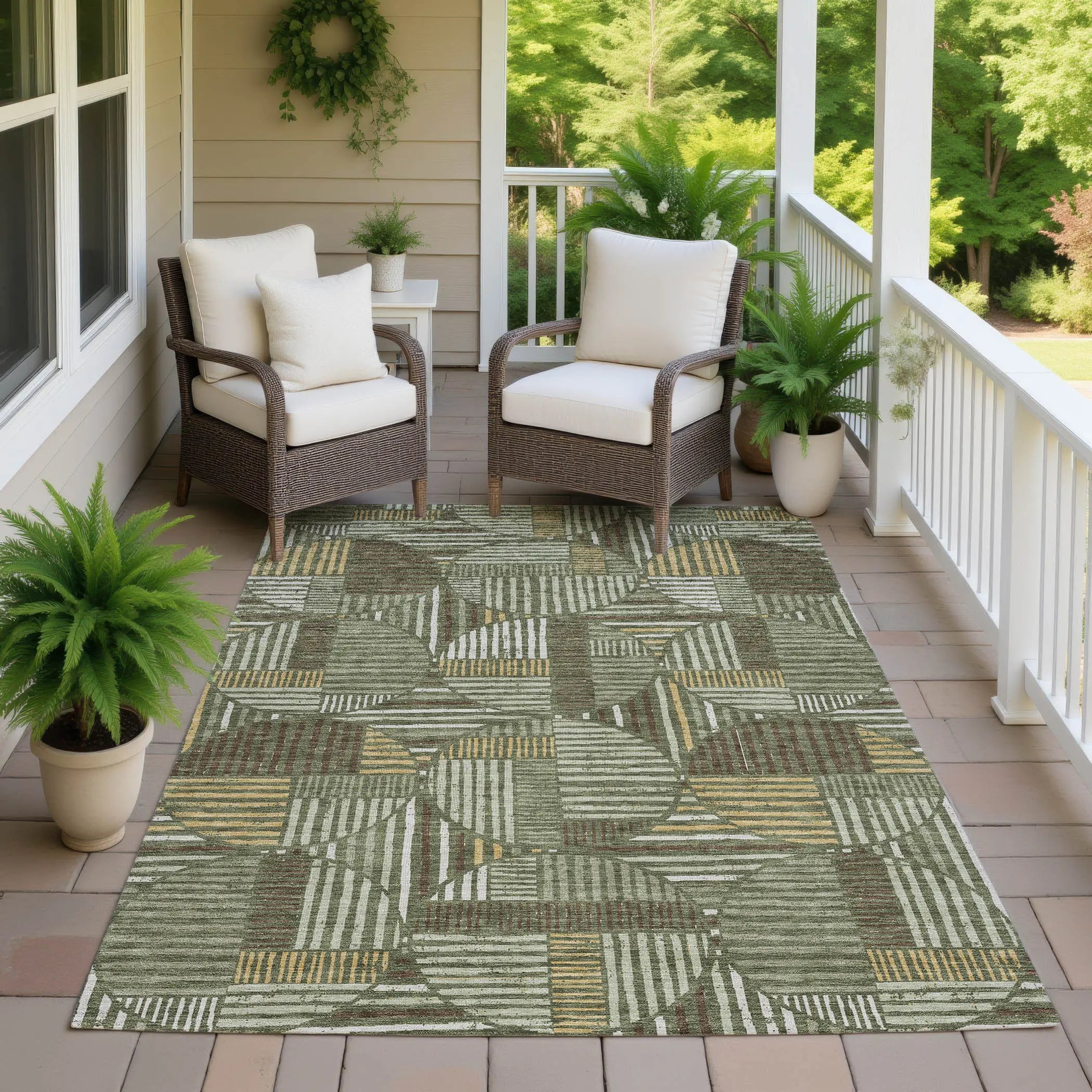 9' X 12' Olive Green And Khaki Geometric Washable Indoor Outdoor Area Rug Homeroots Outdoor