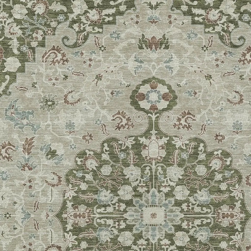 9' X 12' Olive Green And Sage Floral Medallion Washable Indoor Outdoor Area Rug Homeroots Outdoor