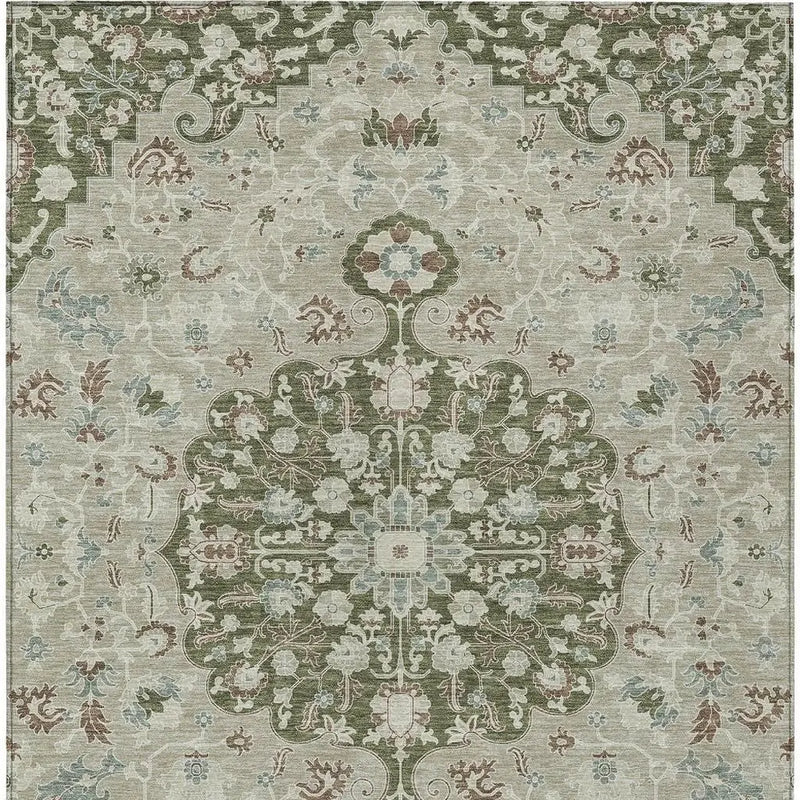 9' X 12' Olive Green And Sage Floral Medallion Washable Indoor Outdoor Area Rug Homeroots Outdoor