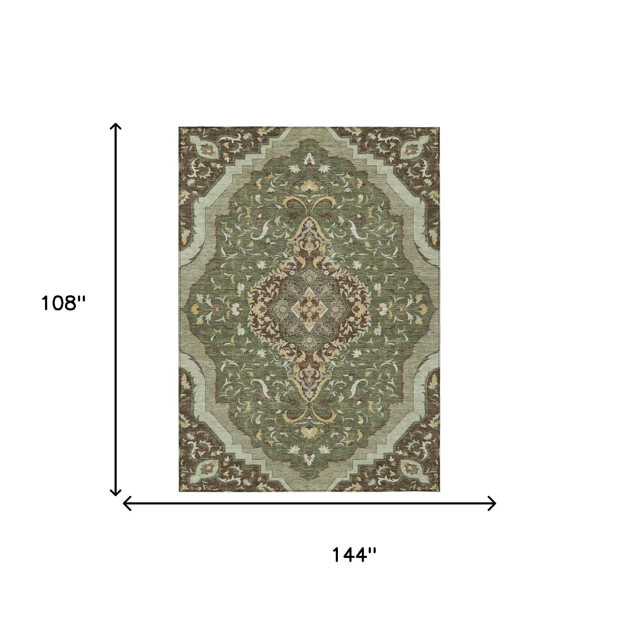 9' X 12' Olive Green And Taupe Medallion Washable Indoor Outdoor Area Rug Homeroots Outdoor