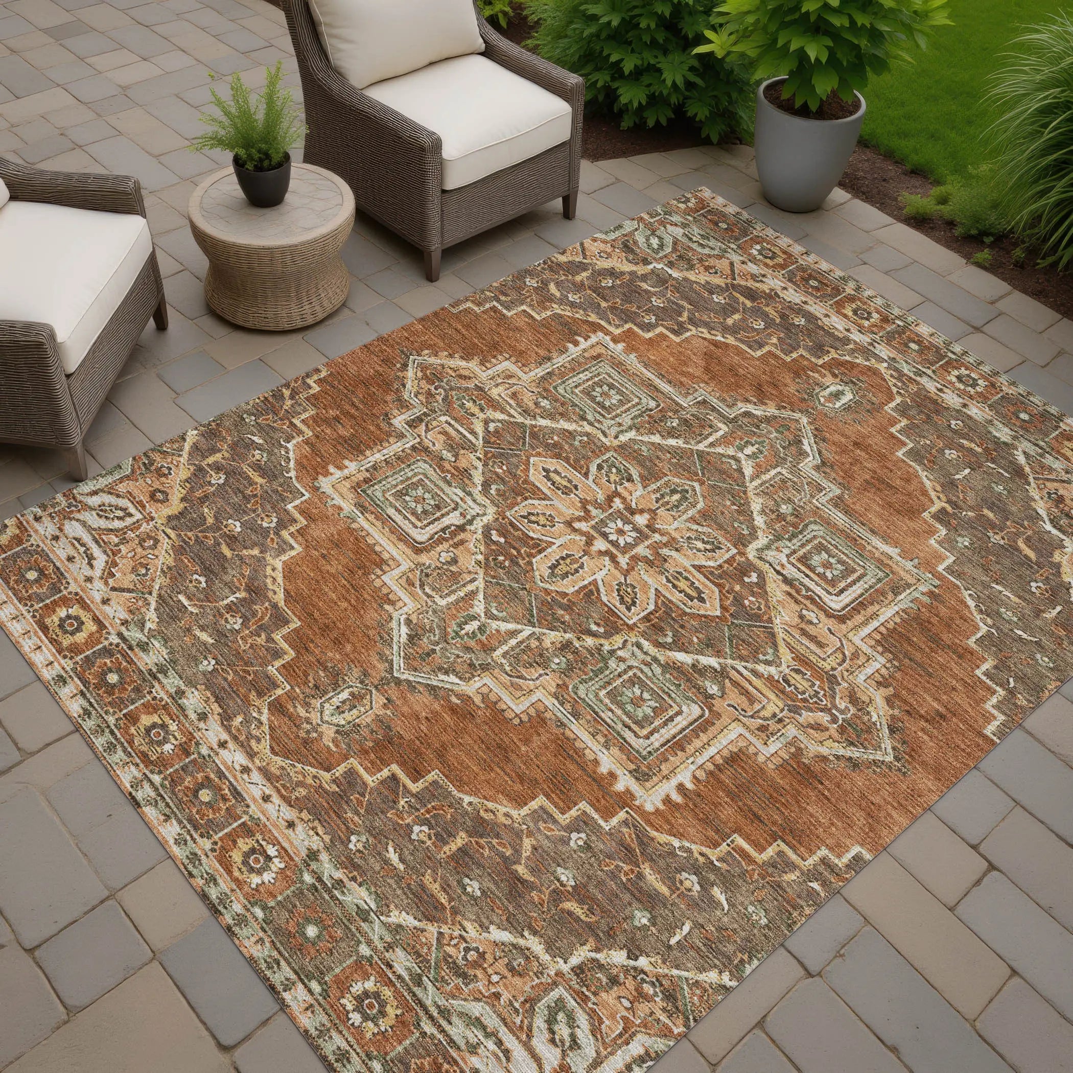 9' X 12' Orange And Aqua Oriental Washable Indoor Outdoor Area Rug Homeroots Outdoor
