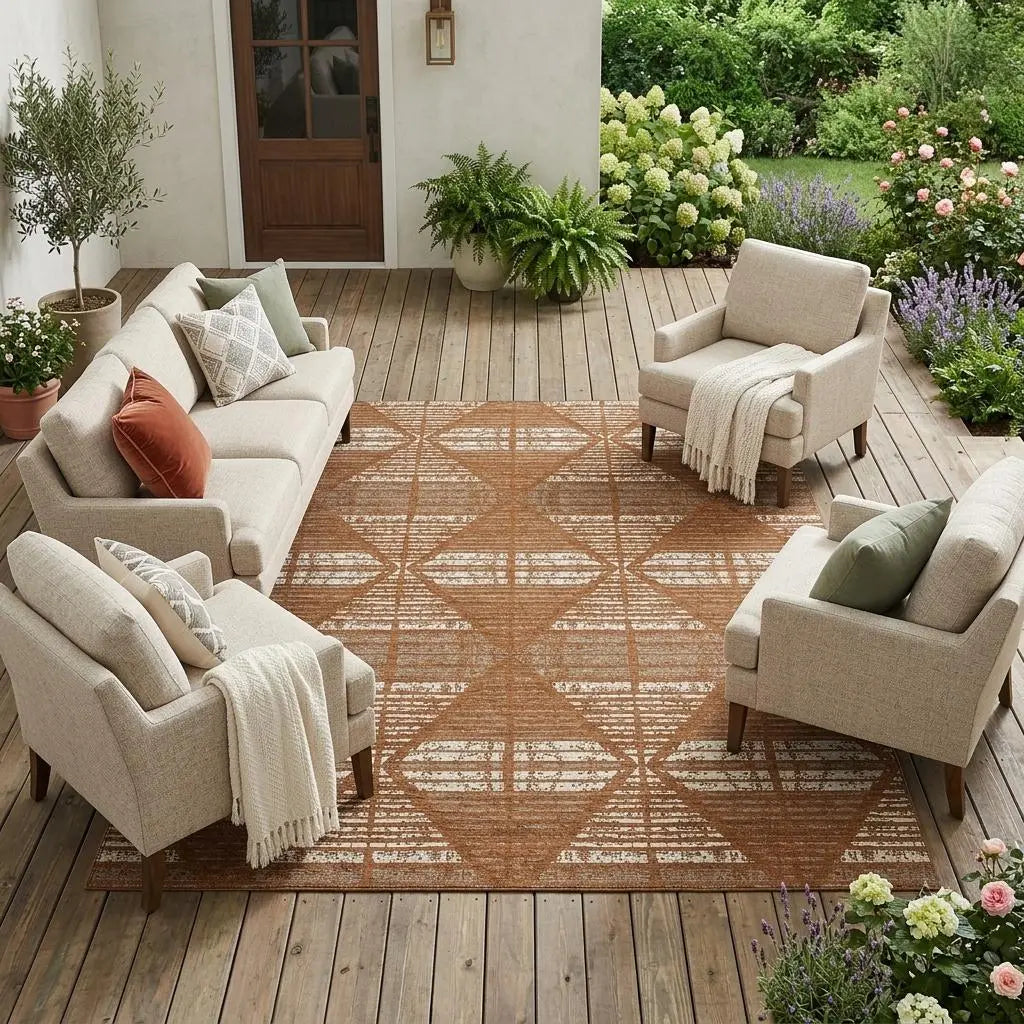 9' X 12' Orange And Beige Geometric Washable Indoor Outdoor Area Rug Homeroots Outdoor