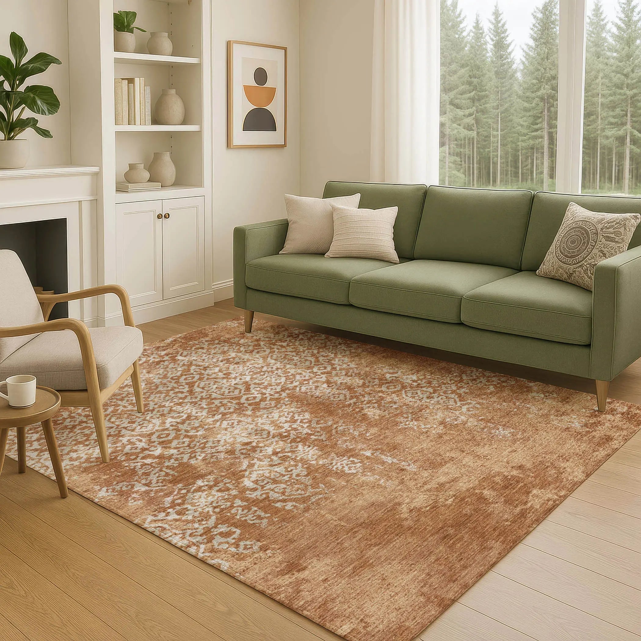 9' X 12' Orange And Beige Oriental Washable Indoor Outdoor Area Rug Homeroots Outdoor