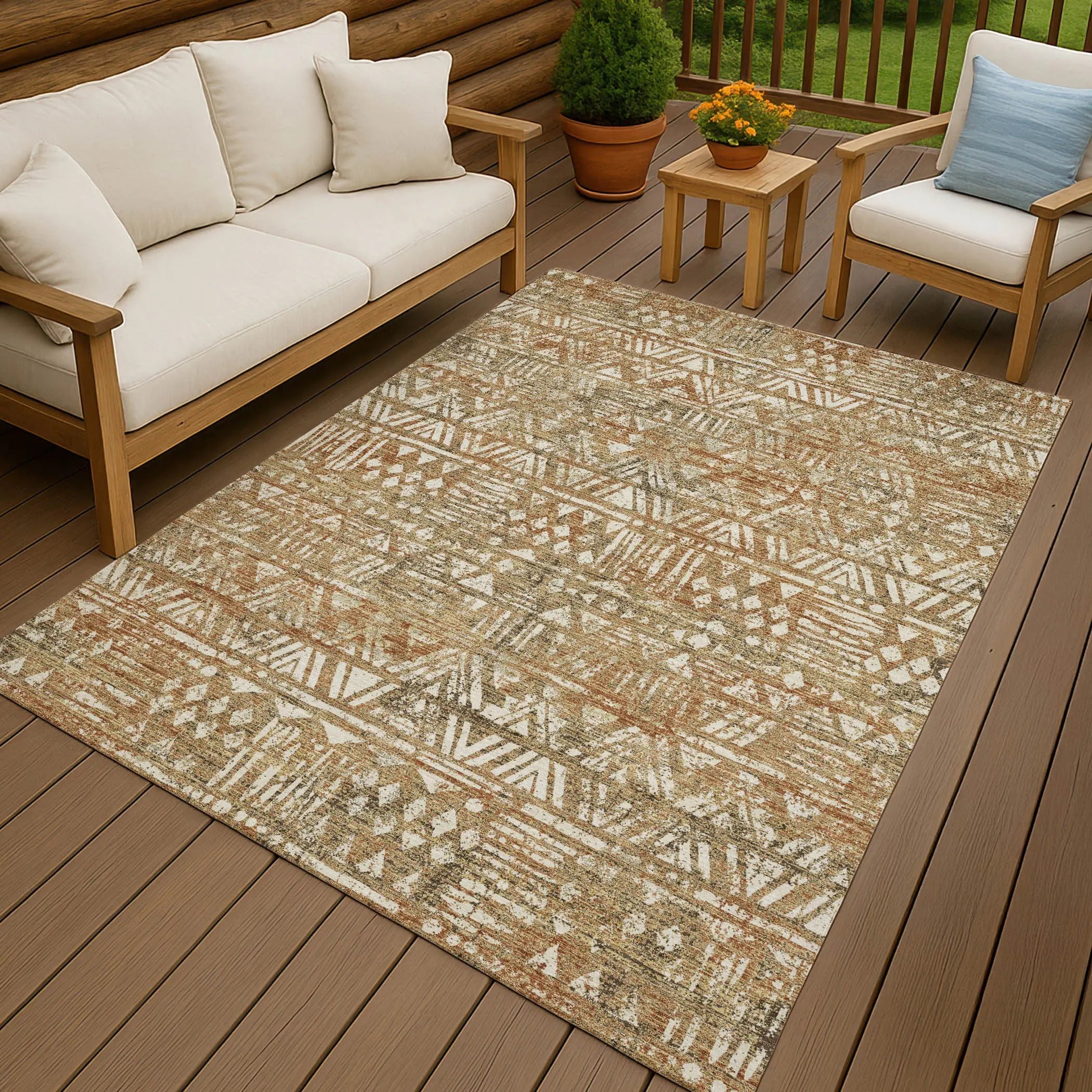 9' X 12' Orange And Brown Geometric Washable Indoor Outdoor Area Rug Homeroots Outdoor