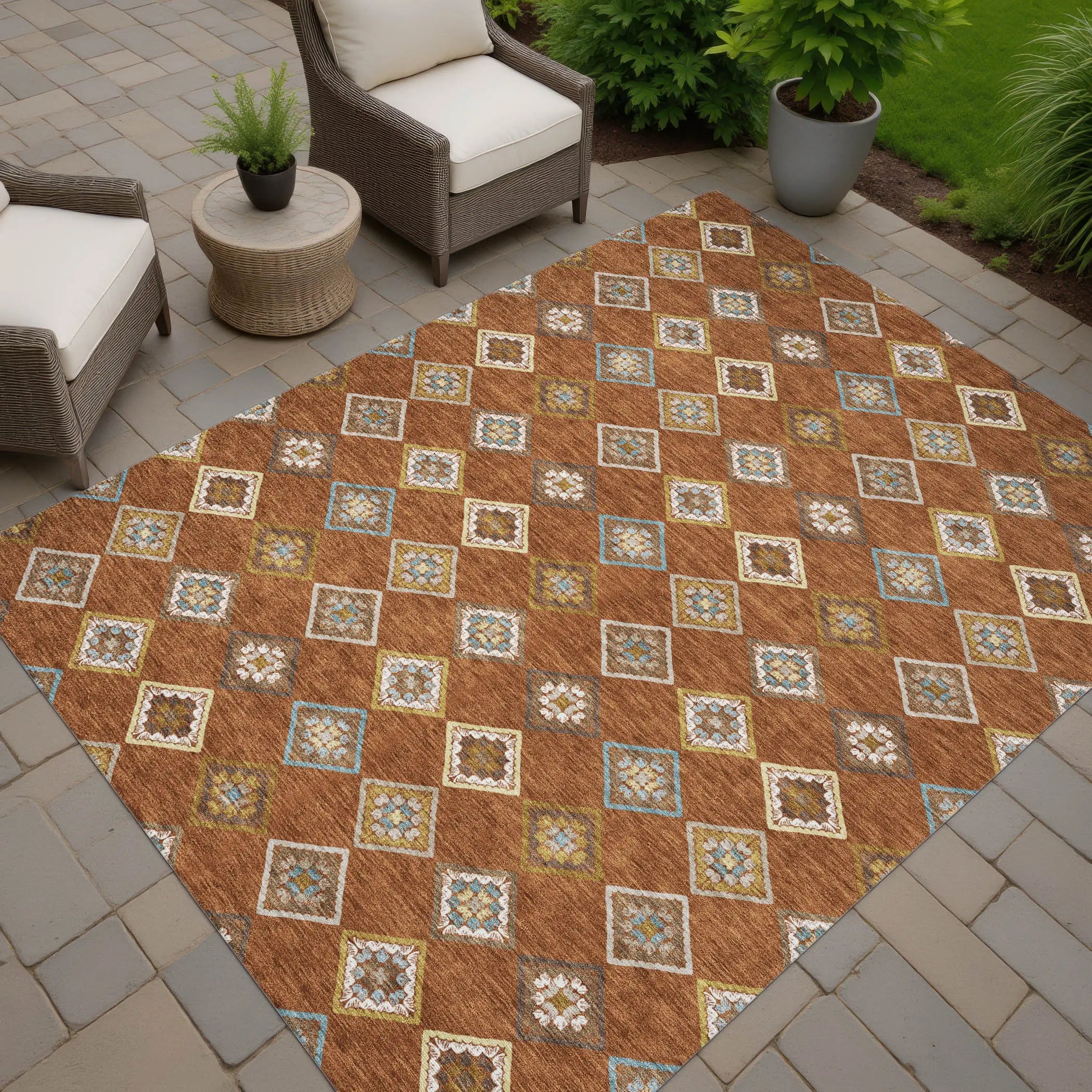 9' X 12' Orange And Brown Geometric Washable Indoor Outdoor Area Rug Homeroots Outdoor