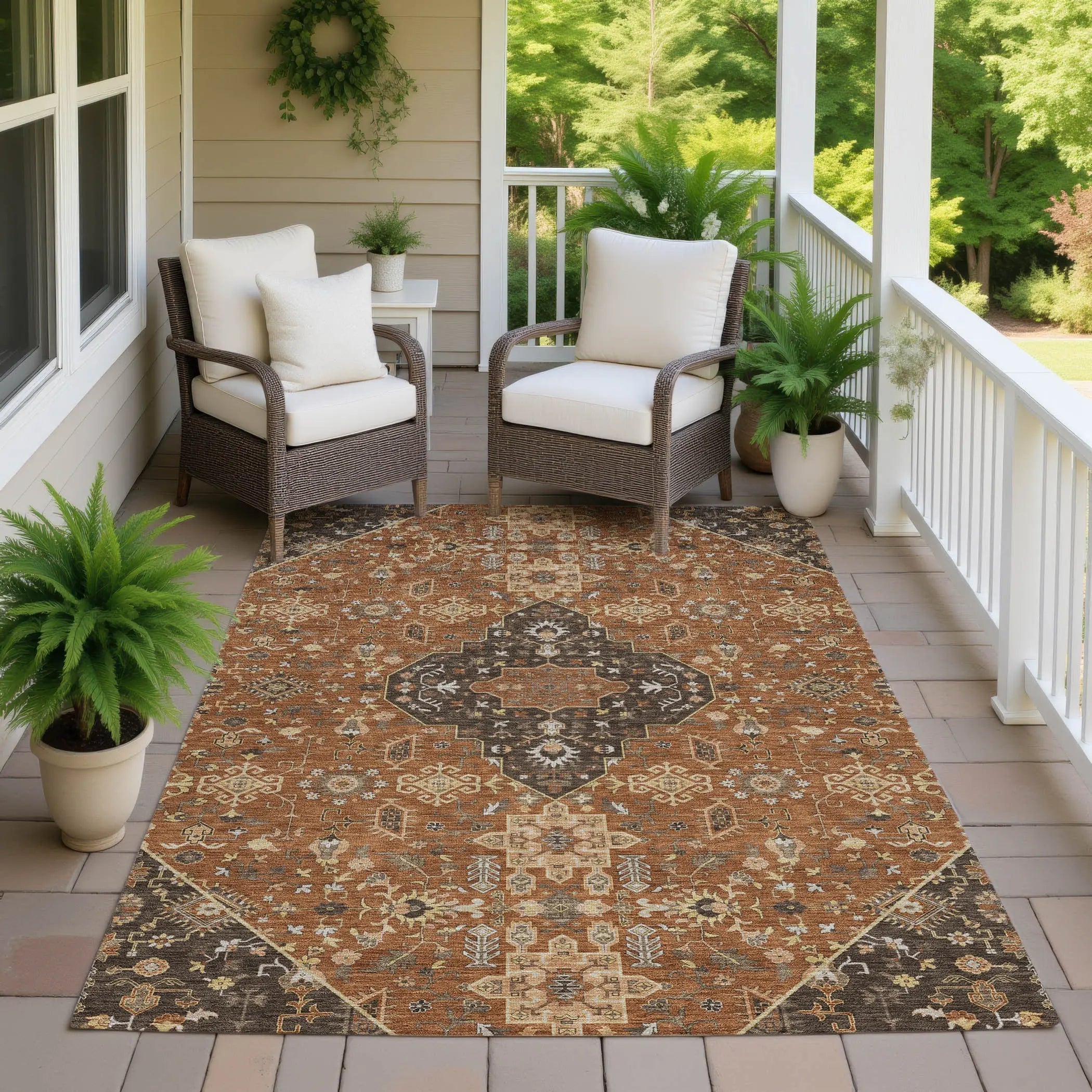 9' X 12' Orange And Brown Medallion Washable Indoor Outdoor Area Rug Homeroots Outdoor