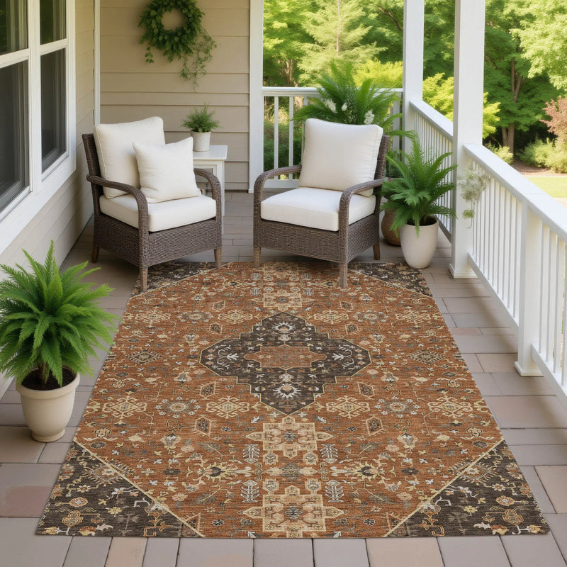 9' X 12' Orange And Brown Medallion Washable Indoor Outdoor Area Rug Homeroots Outdoor