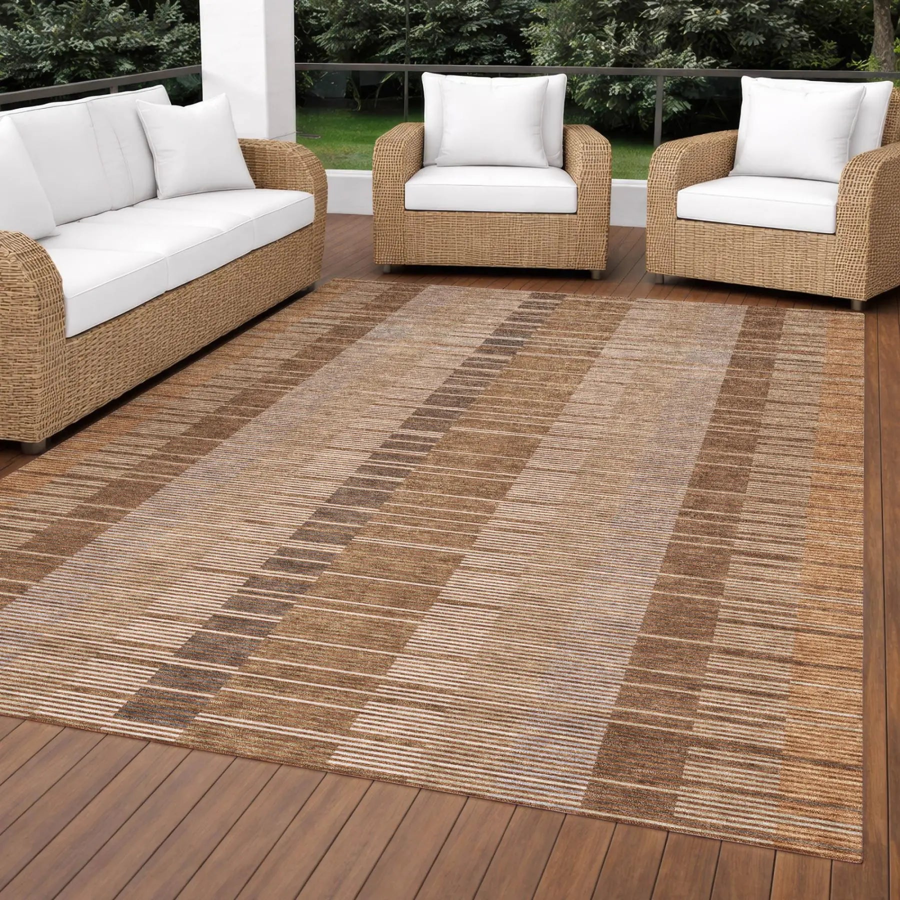9' X 12' Orange And Brown Striped Washable Indoor Outdoor Area Rug Homeroots Outdoor
