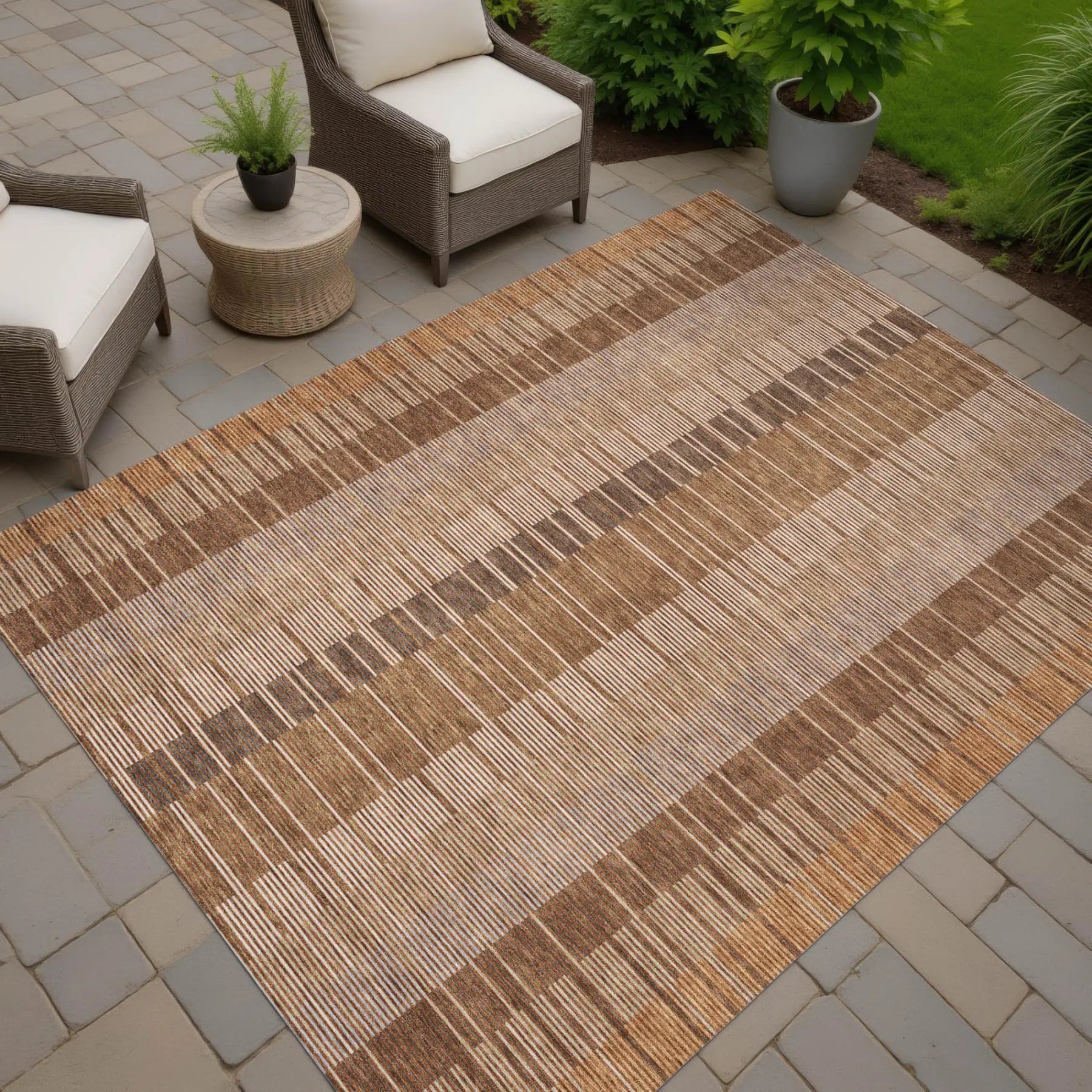 9' X 12' Orange And Brown Striped Washable Indoor Outdoor Area Rug Homeroots Outdoor