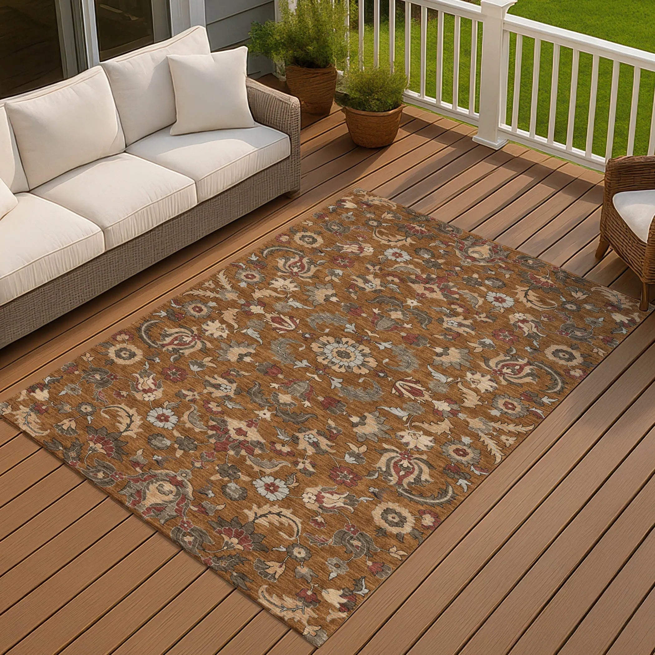 9' X 12' Orange And Burgundy Floral Medallion Washable Indoor Outdoor Area Rug Homeroots Outdoor