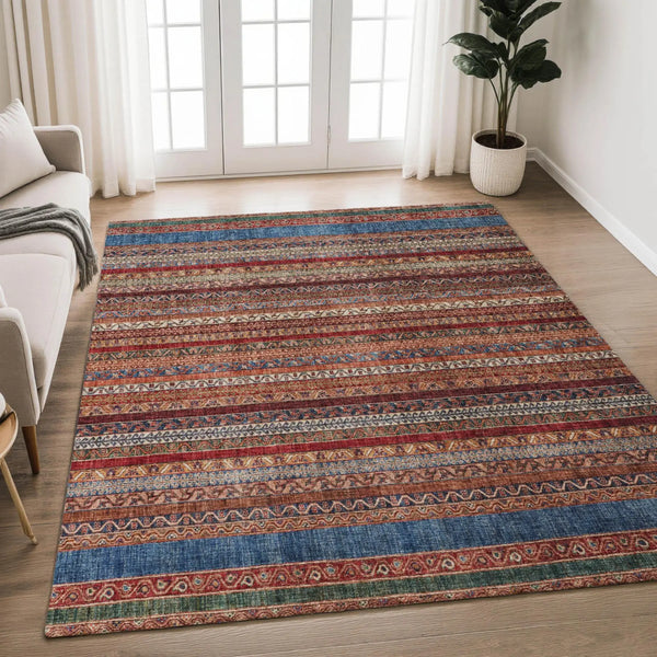 9' X 12' Orange And Burgundy Striped Washable Indoor Outdoor Area Rug Homeroots Outdoor