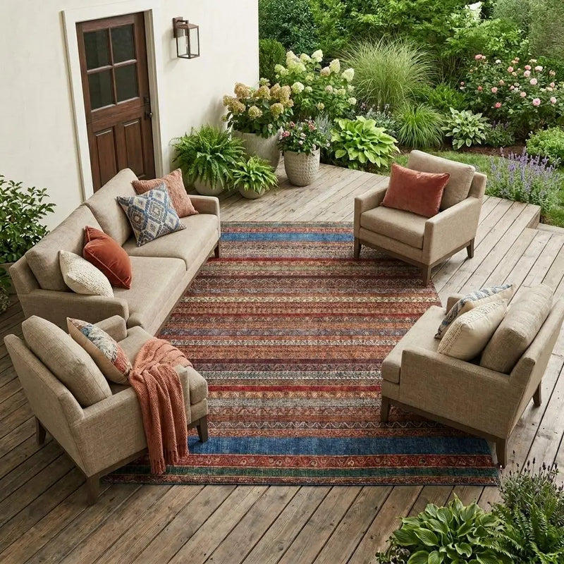 9' X 12' Orange And Burgundy Striped Washable Indoor Outdoor Area Rug Homeroots Outdoor