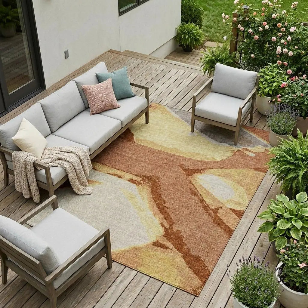 9' X 12' Orange And Copper Abstract Washable Indoor Outdoor Area Rug Homeroots Outdoor