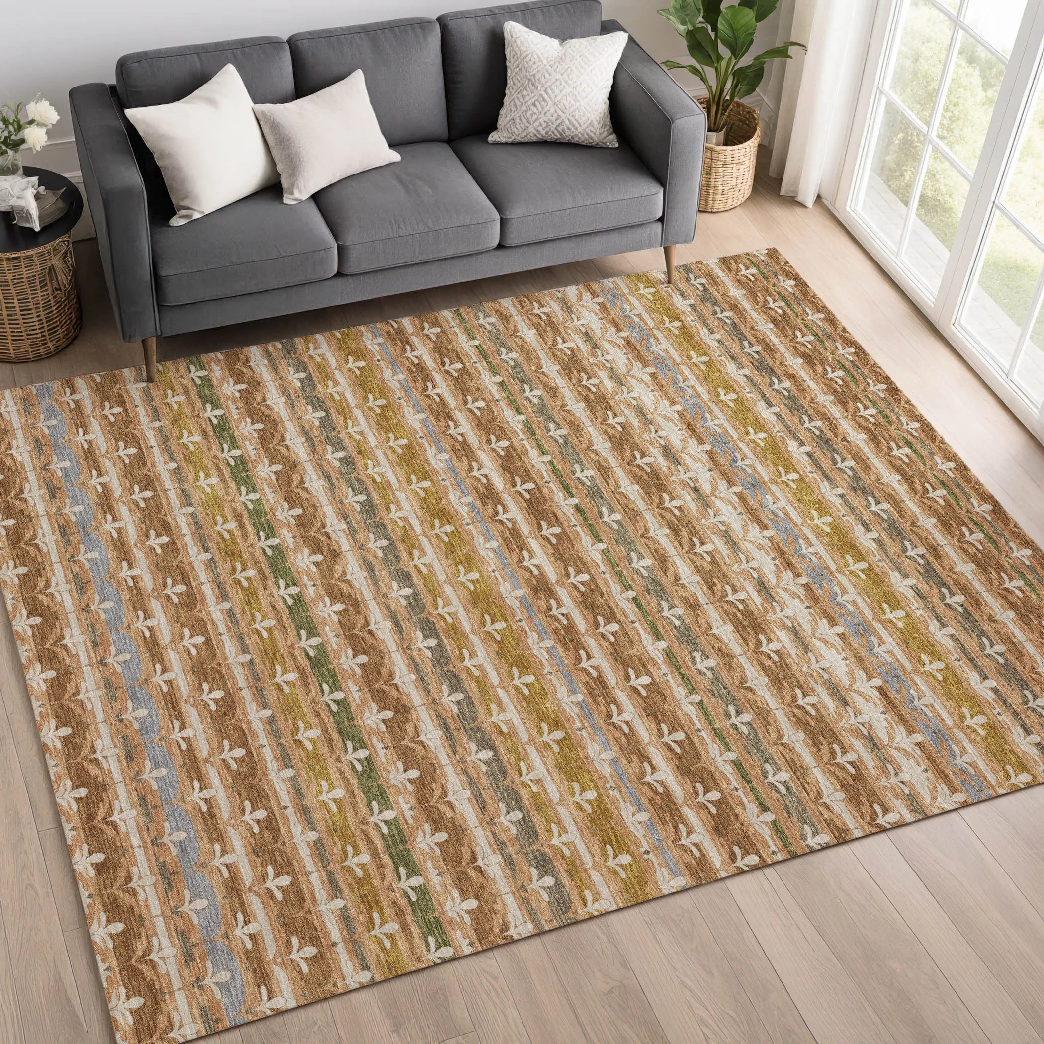 9' X 12' Orange And Copper Damask Washable Indoor Outdoor Area Rug Homeroots Outdoor