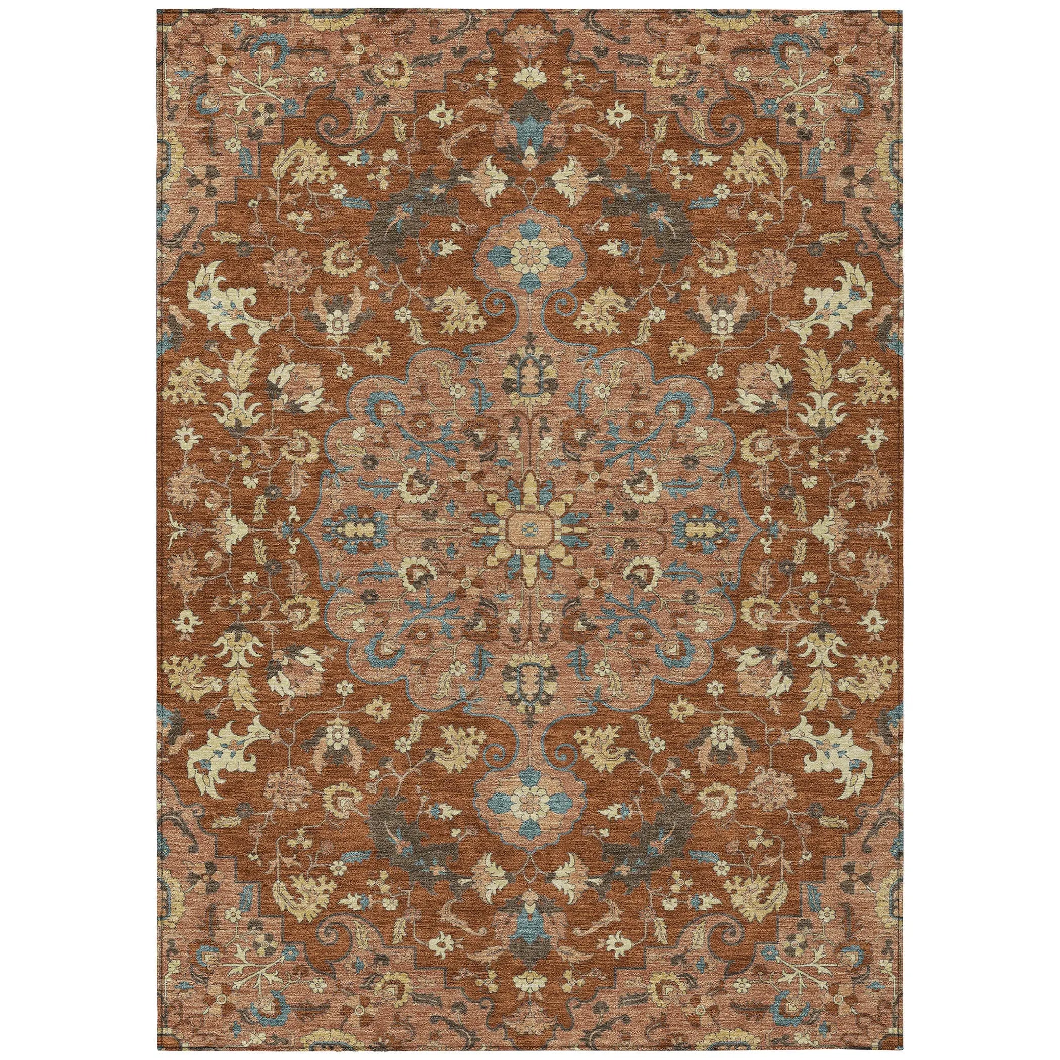 9' X 12' Orange And Copper Floral Medallion Washable Indoor Outdoor Area Rug Homeroots Outdoor