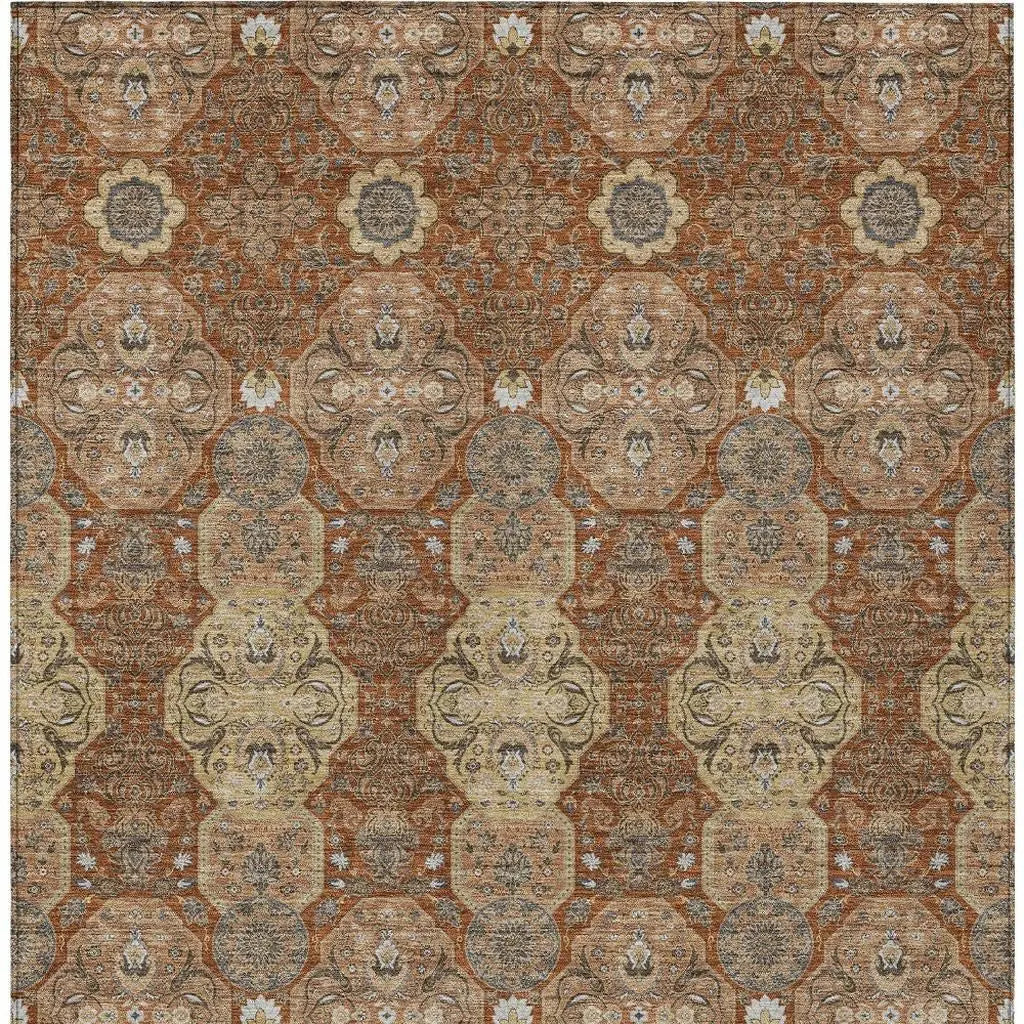 9' X 12' Orange And Copper Floral Washable Indoor Outdoor Area Rug Homeroots Outdoor