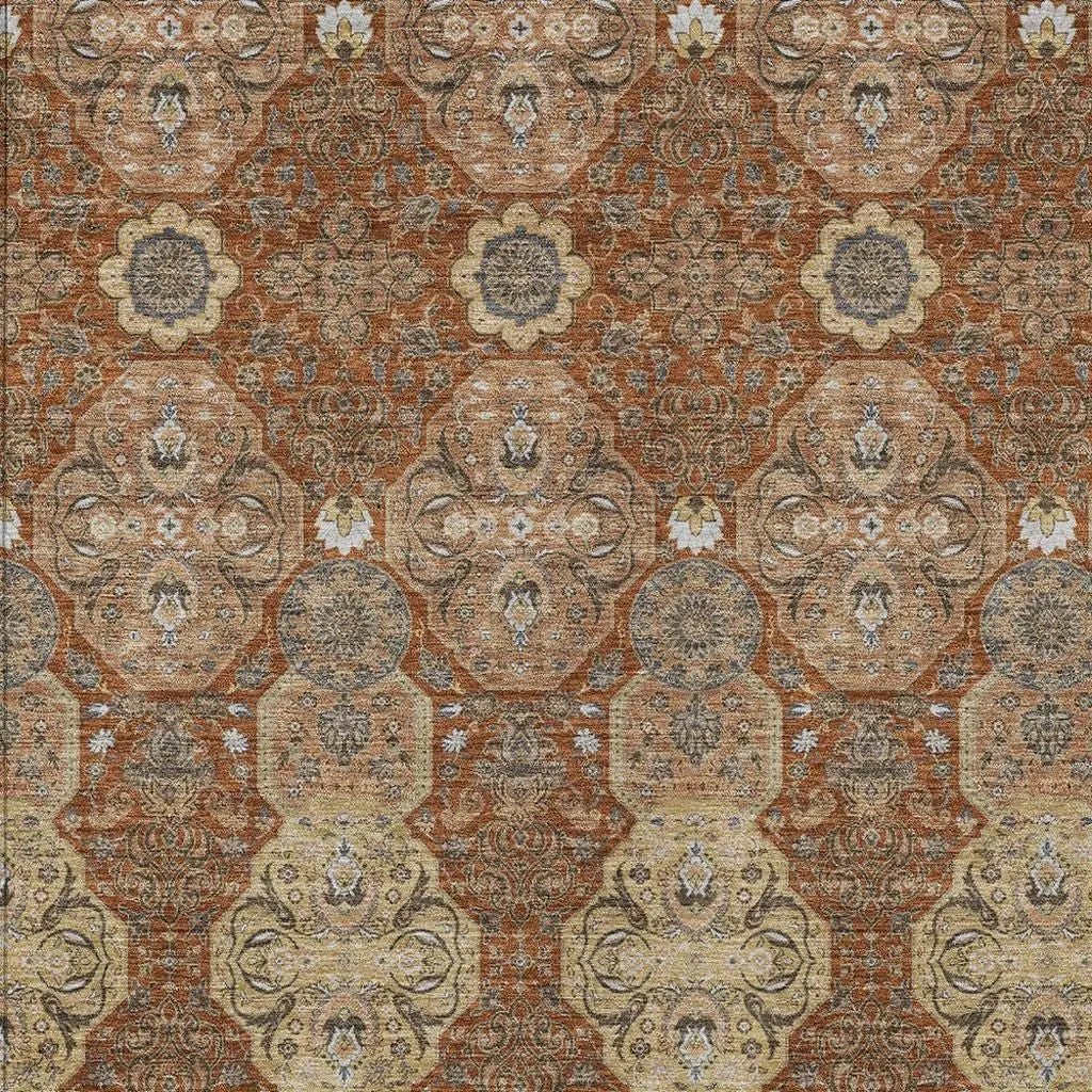 9' X 12' Orange And Copper Floral Washable Indoor Outdoor Area Rug Homeroots Outdoor