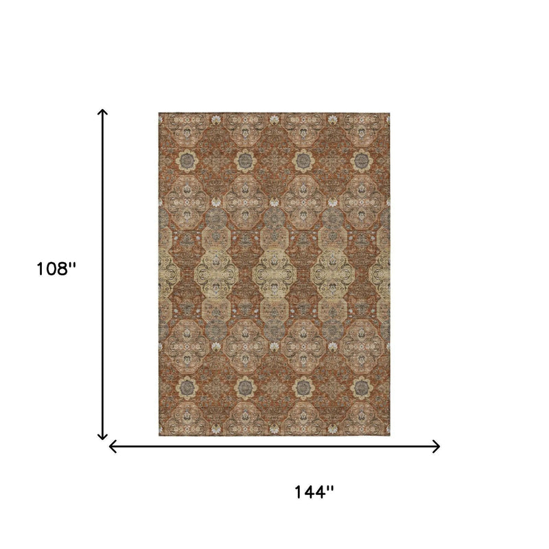 9' X 12' Orange And Copper Floral Washable Indoor Outdoor Area Rug Homeroots Outdoor