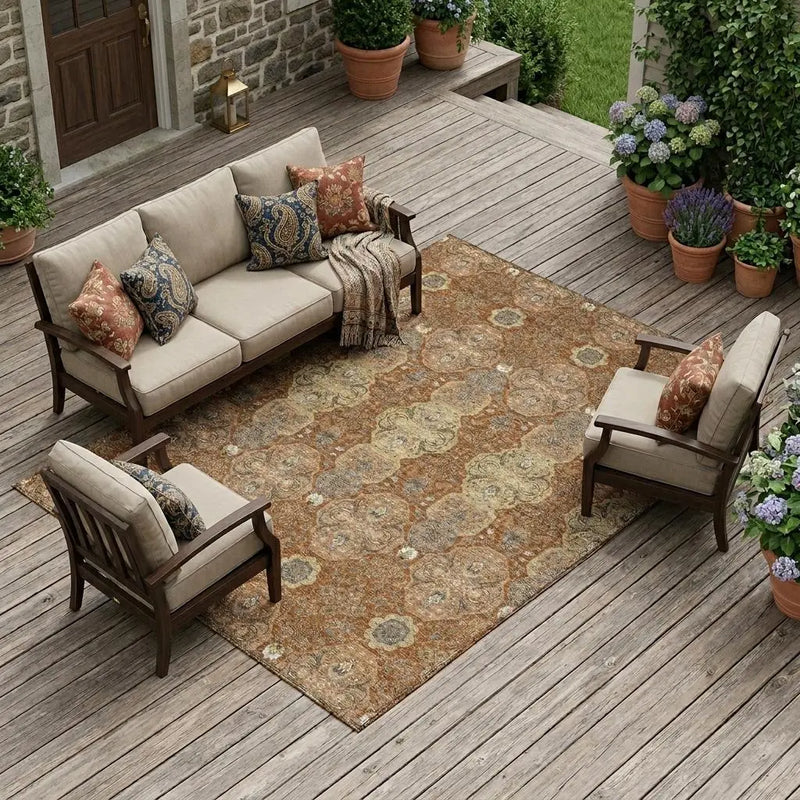 9' X 12' Orange And Copper Floral Washable Indoor Outdoor Area Rug Homeroots Outdoor