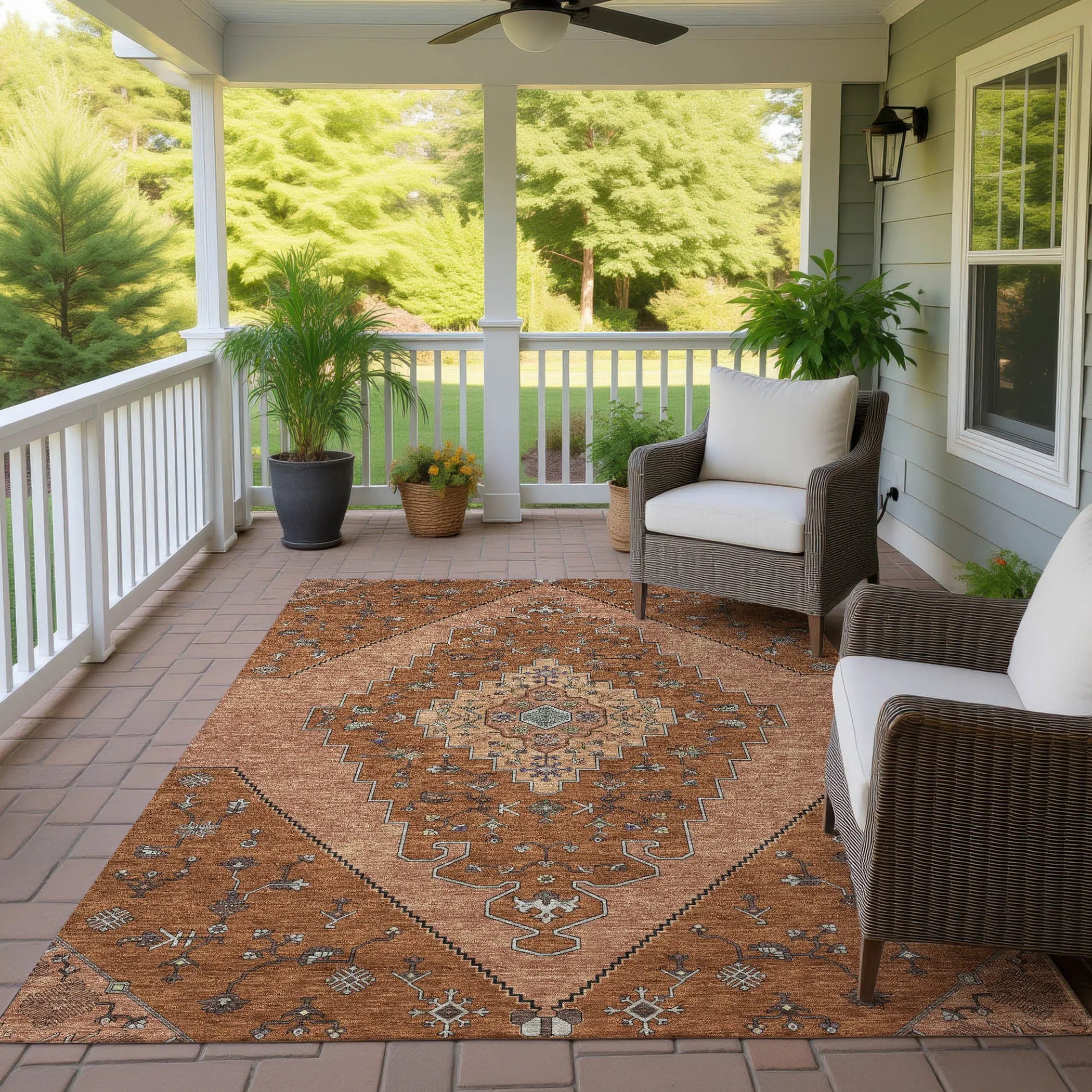 9' X 12' Orange And Copper Geometric Washable Indoor Outdoor Area Rug Homeroots Outdoor