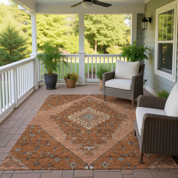 9' X 12' Orange And Copper Geometric Washable Indoor Outdoor Area Rug Homeroots Outdoor