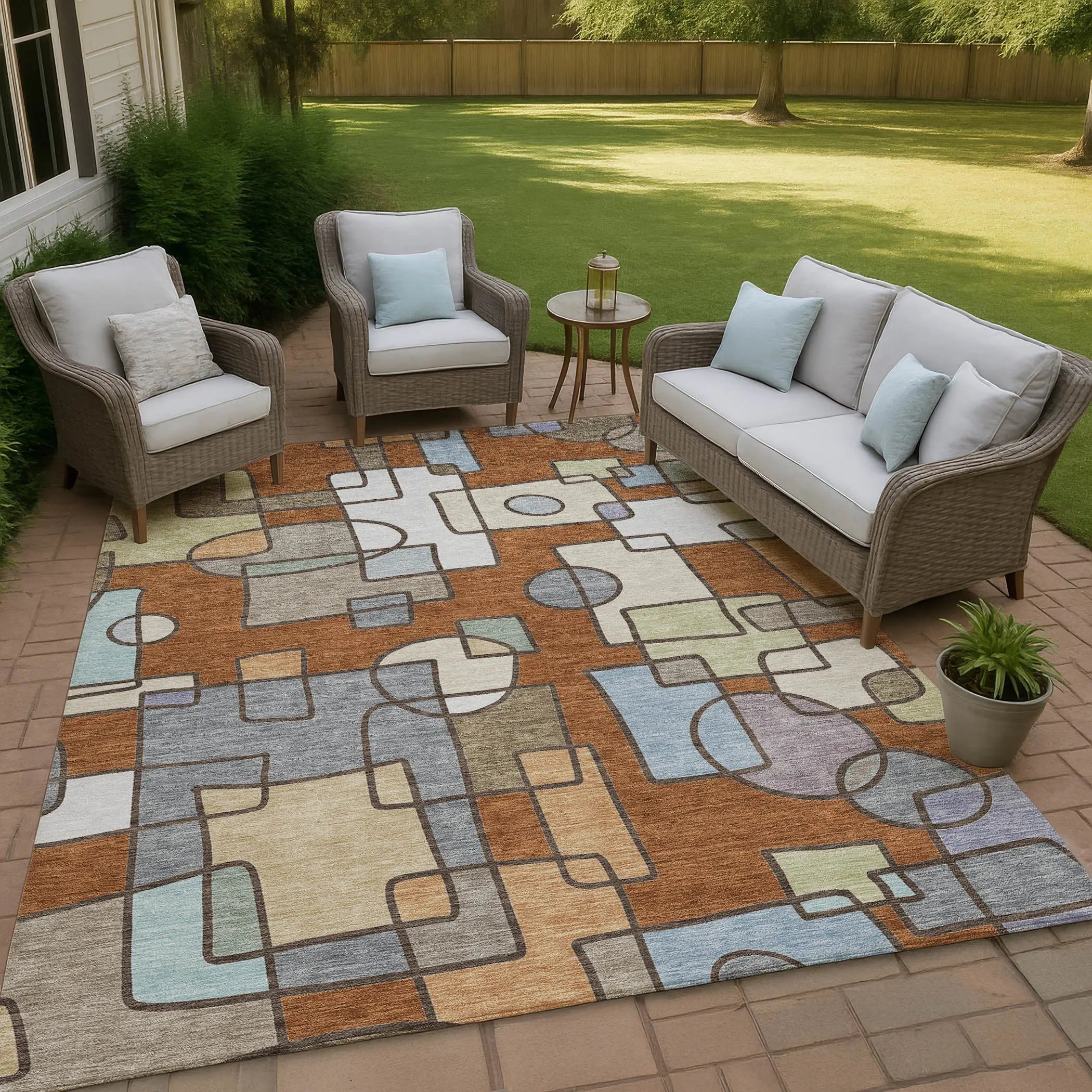 9' X 12' Orange And Copper Geometric Washable Indoor Outdoor Area Rug Homeroots Outdoor