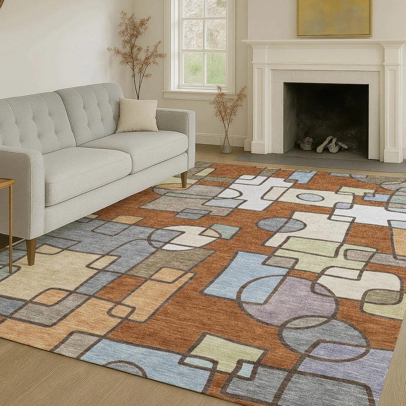 9' X 12' Orange And Copper Geometric Washable Indoor Outdoor Area Rug Homeroots Outdoor