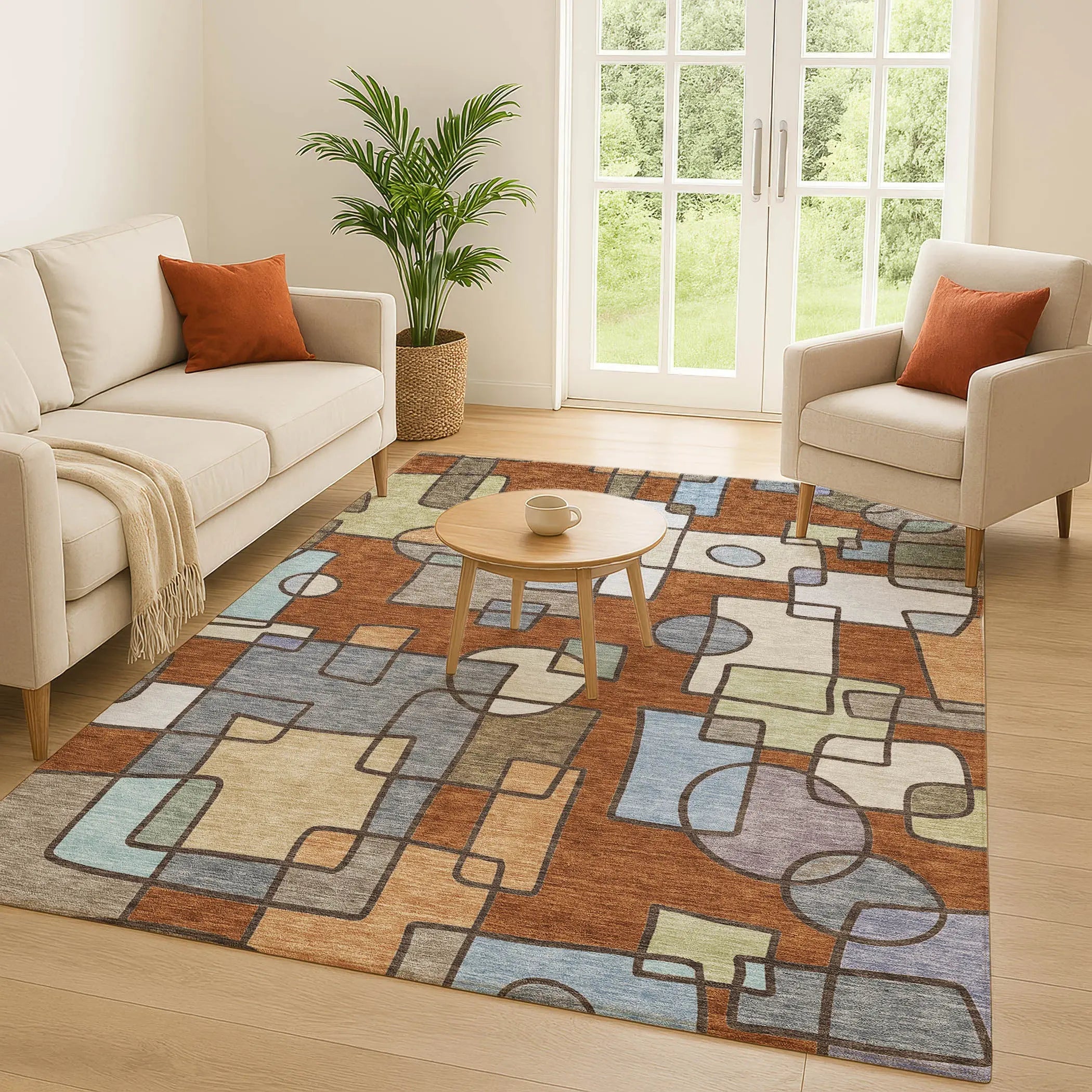 9' X 12' Orange And Copper Geometric Washable Indoor Outdoor Area Rug Homeroots Outdoor