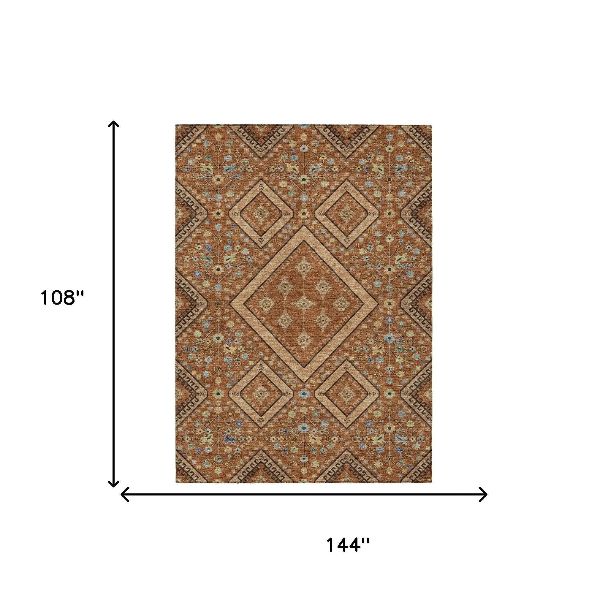 9' X 12' Orange And Copper Medallion Washable Indoor Outdoor Area Rug Homeroots Outdoor