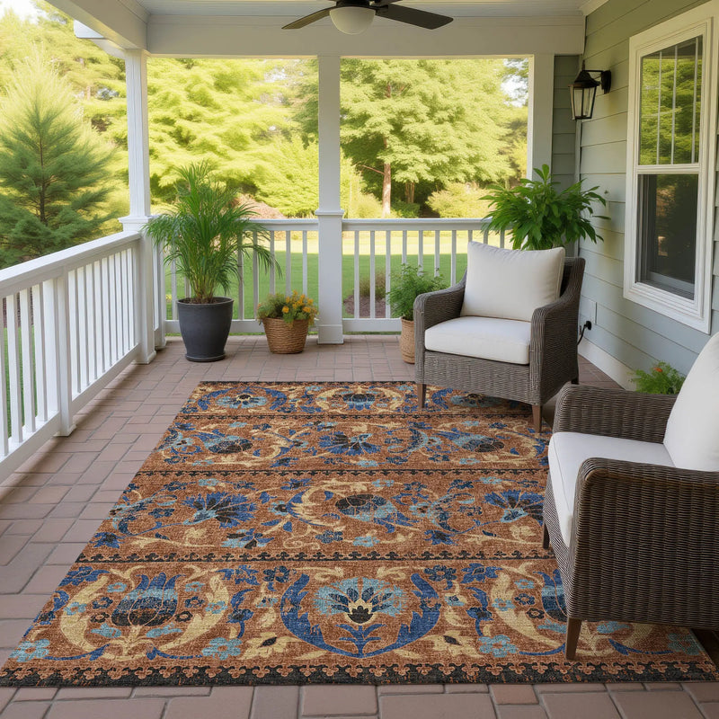 9' X 12' Orange And Gold Floral Washable Indoor Outdoor Area Rug Homeroots Outdoor