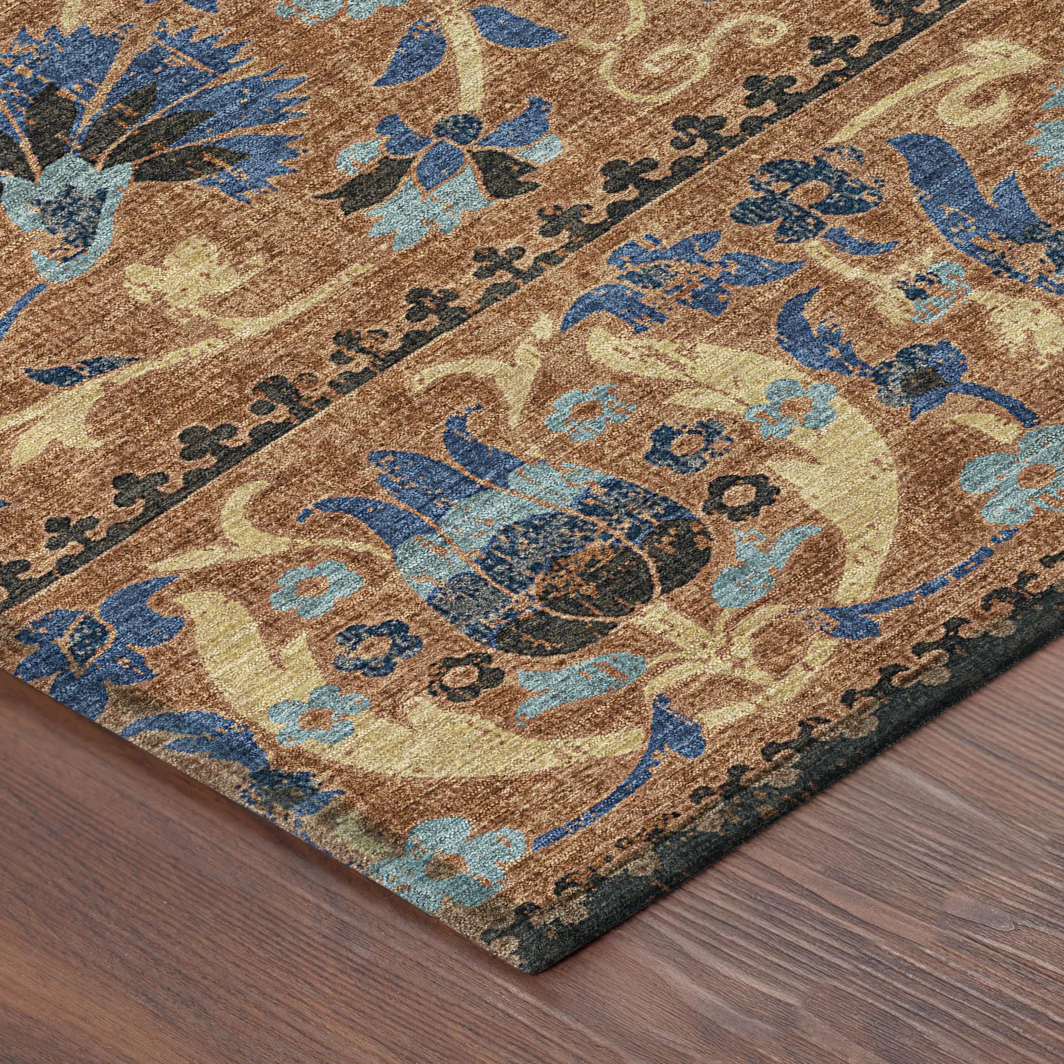 9' X 12' Orange And Gold Floral Washable Indoor Outdoor Area Rug Homeroots Outdoor