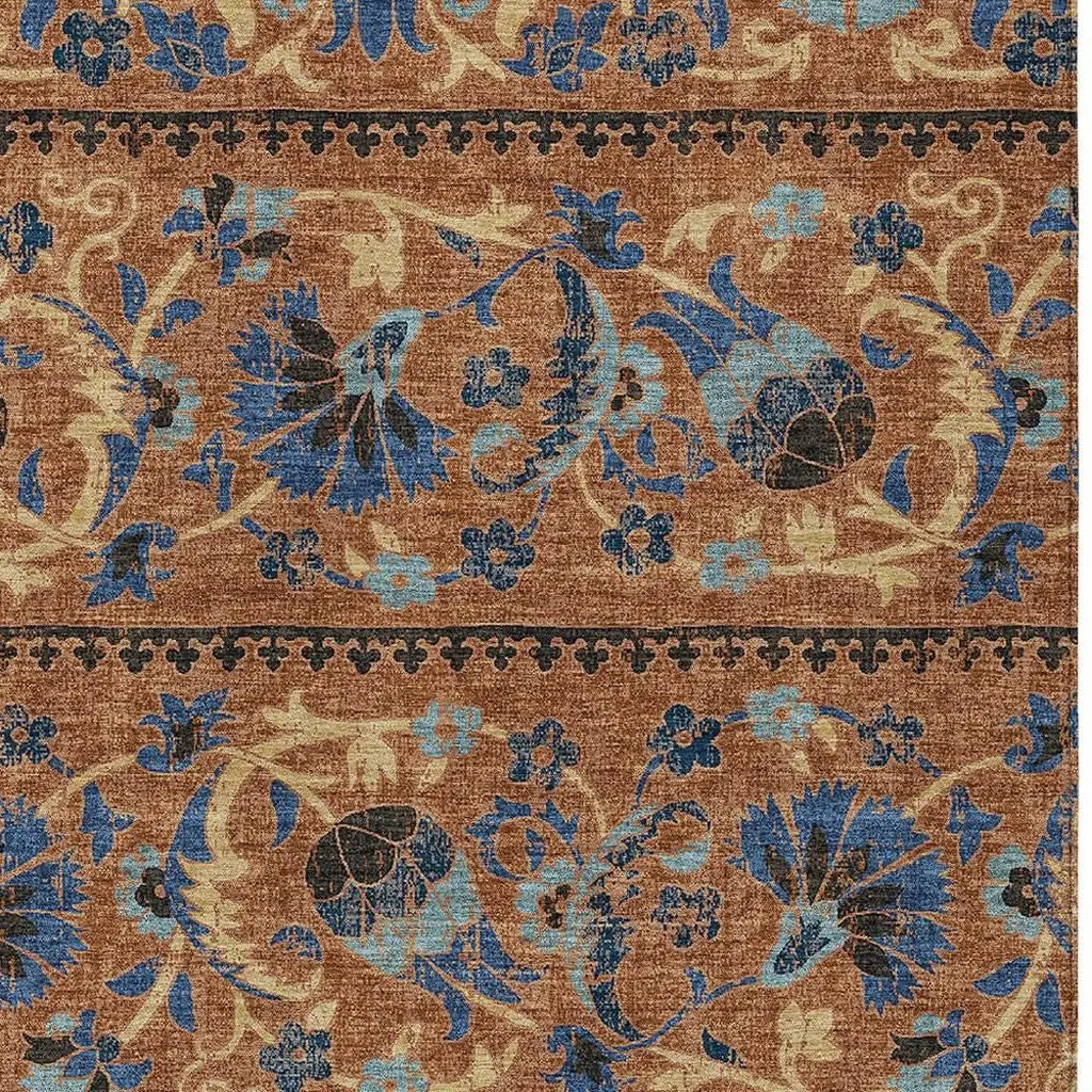 9' X 12' Orange And Gold Floral Washable Indoor Outdoor Area Rug Homeroots Outdoor